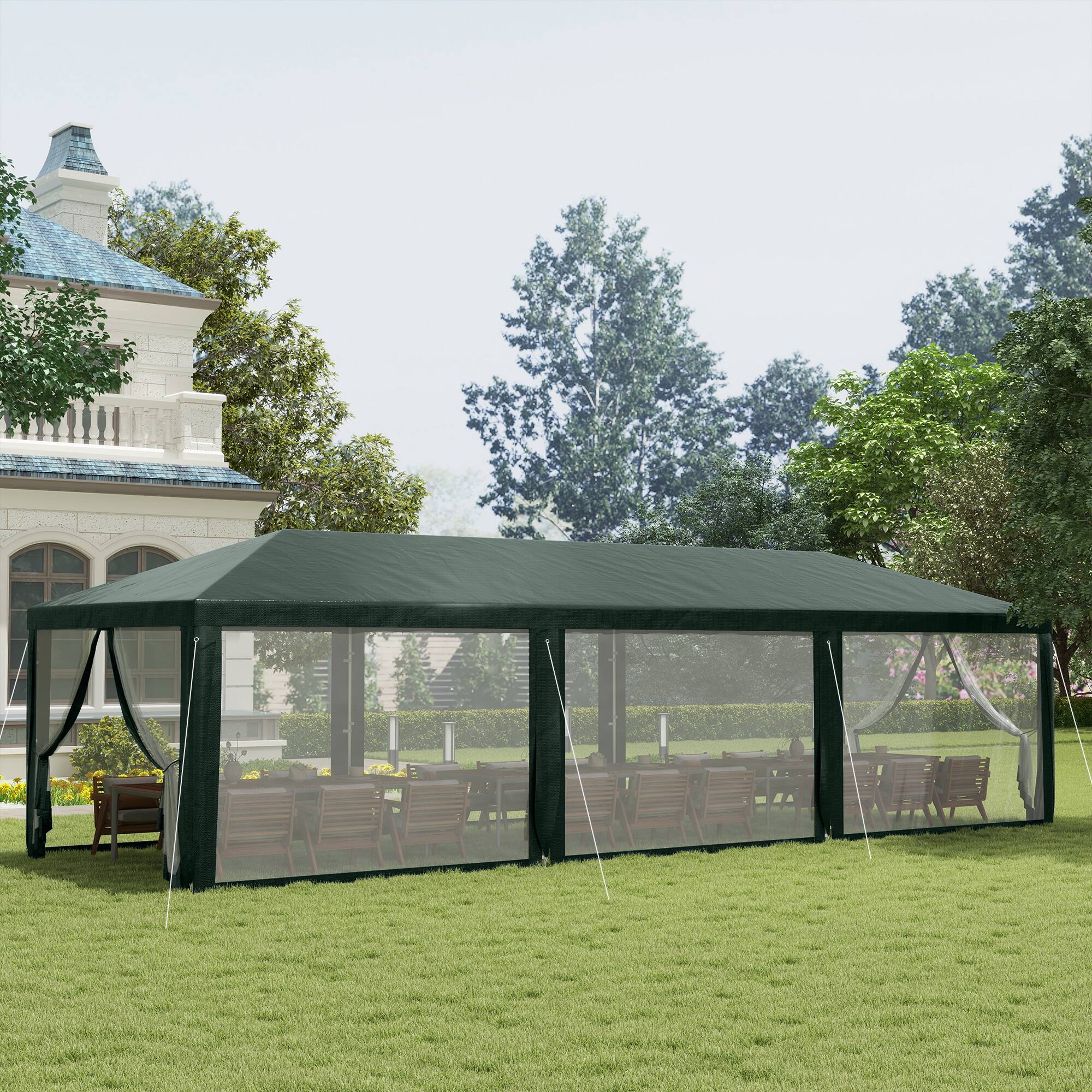 Angle. Outsunny - 10' x 28' Party Tent, Outdoor Wedding Canopy & Gazebo with Removable Sidewalls, Shade Shelter for Events, BBQs - Green.
