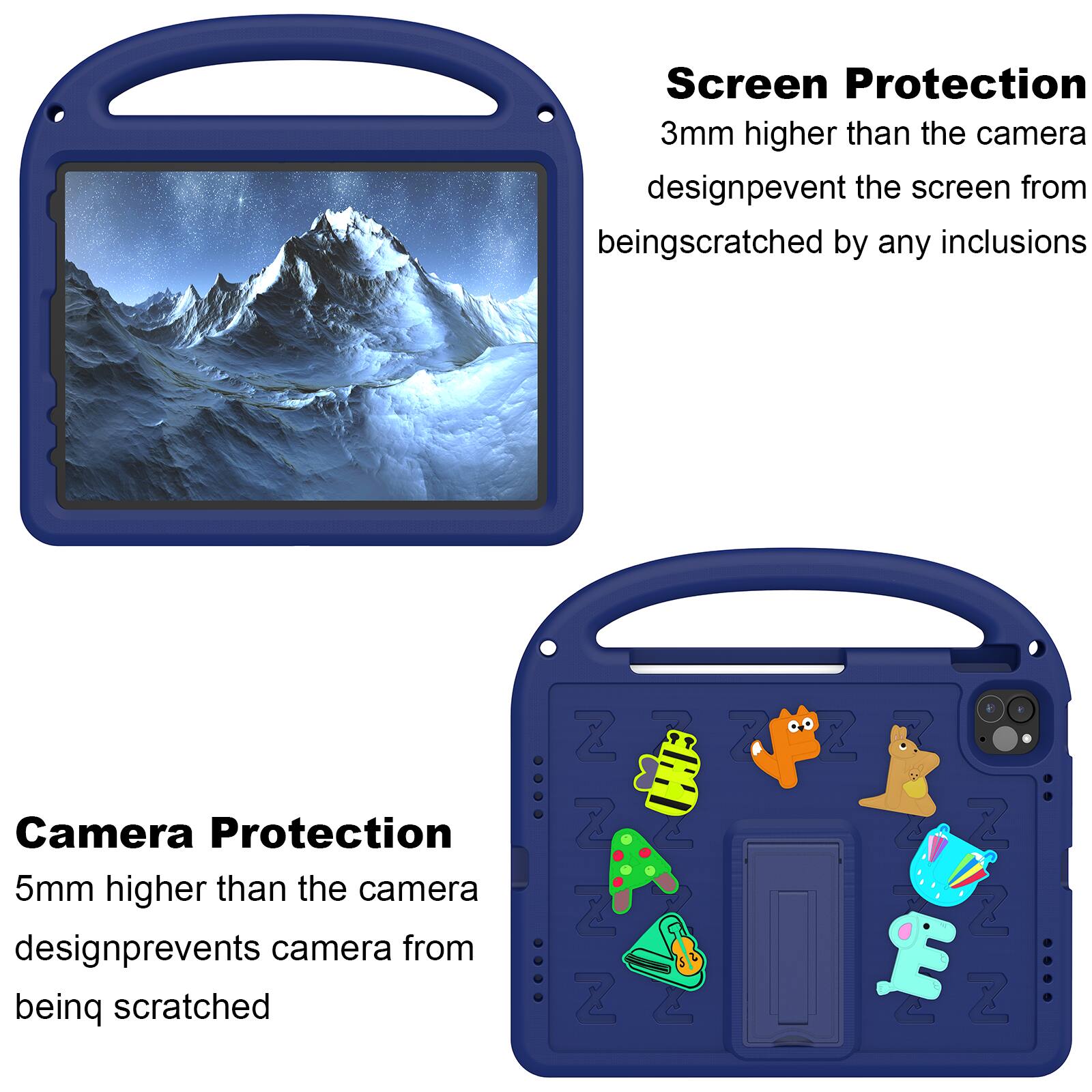 Screen Protection  
3mm higher than the camera design prevents the screen from being scratched by any inclusions  

Camera Protection  
5mm higher than the camera design prevents the camera from being scratched