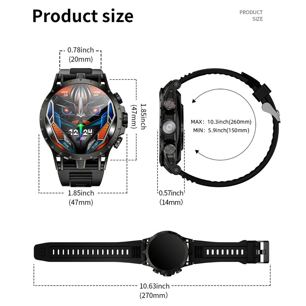 Product size

- 0.78 inch (20mm)
- 1.85 inch (47mm)
- 0.57 inch (14mm)
- 10.63 inch (270mm)

Band size

- MAX: 10.3 inch (260mm)
- MIN: 5.9 inch (150mm)