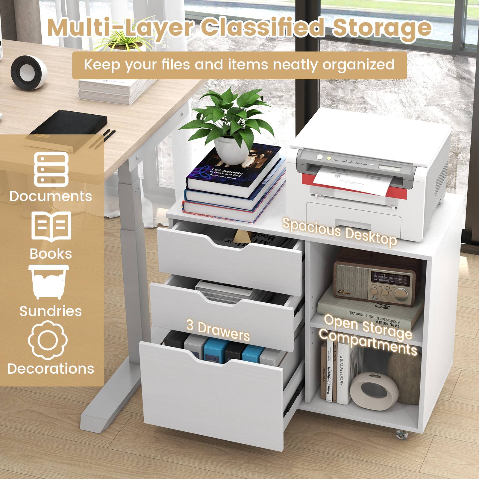 Multi-Layer Classified Storage  
Keep your files and items neatly organized  

Documents  
Books  
Sundries  
Decorations  

Spacious Desktop  

3 Drawers  

Open Storage Compartments  

Lindberg ARCHITECTURE