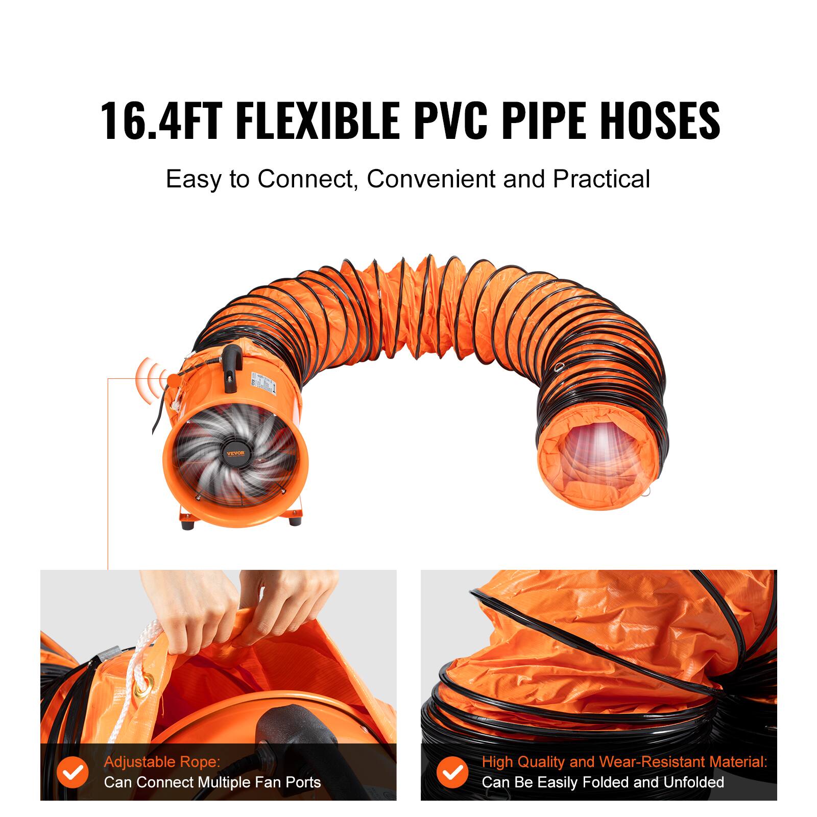16.4FT FLEXIBLE PVC PIPE HOSES  
Easy to Connect, Convenient and Practical

Adjustable Rope: Can Connect Multiple Fan Ports

High Quality and Wear-Resistant Material: Can Be Easily Folded and Unfolded