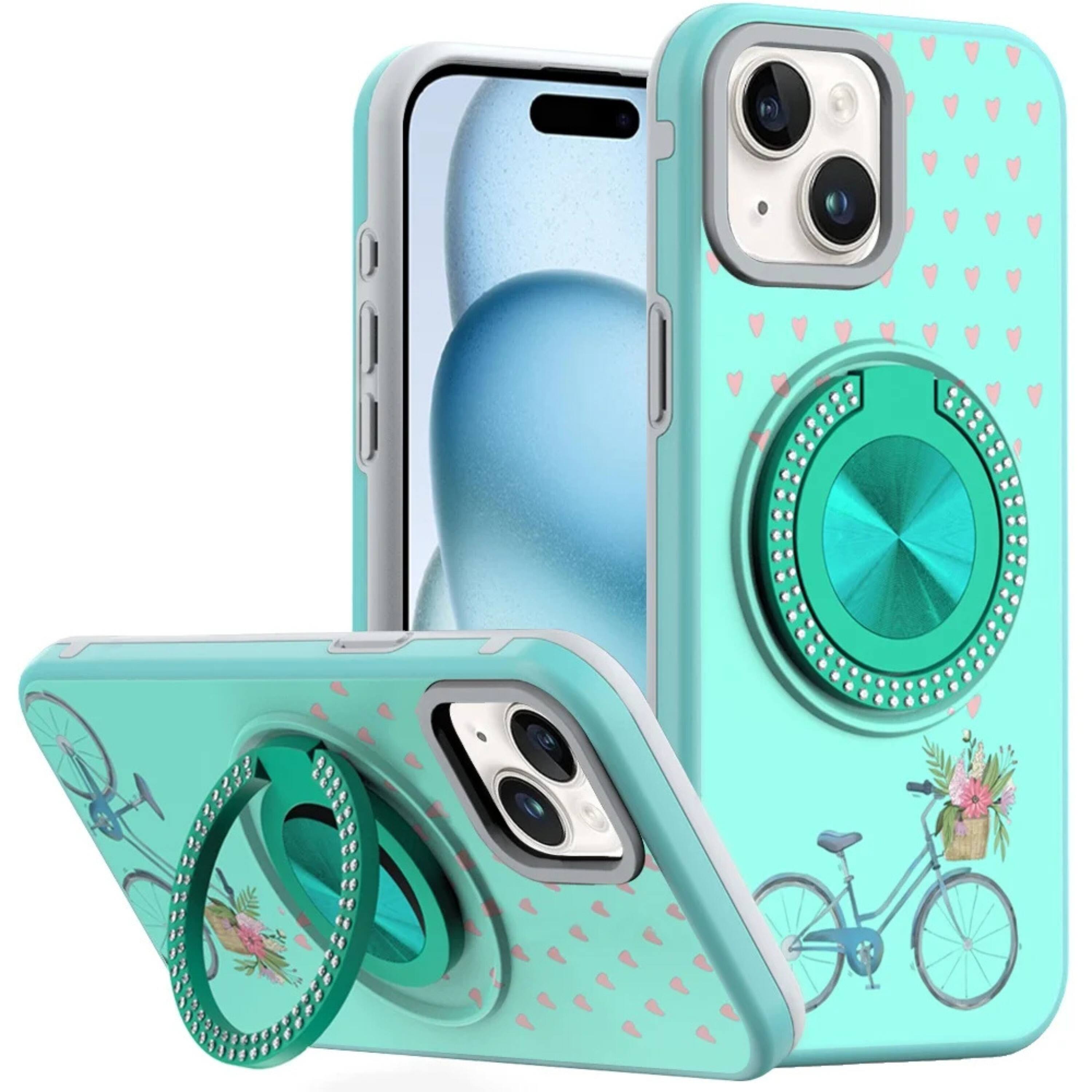 Front. Kitcheniva - Printed Bling 360 Rotating Ring Stand Phone Case With 2 Tempered Glass For iPhone 15 Bicycle - Teal.