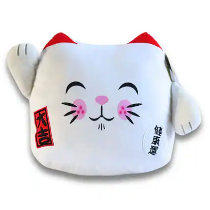 Front. Maneki Neko - Maneki Neko Printed Cushion Soft Velboa 12 inch / 30cm x 31cm White Closed Eye.