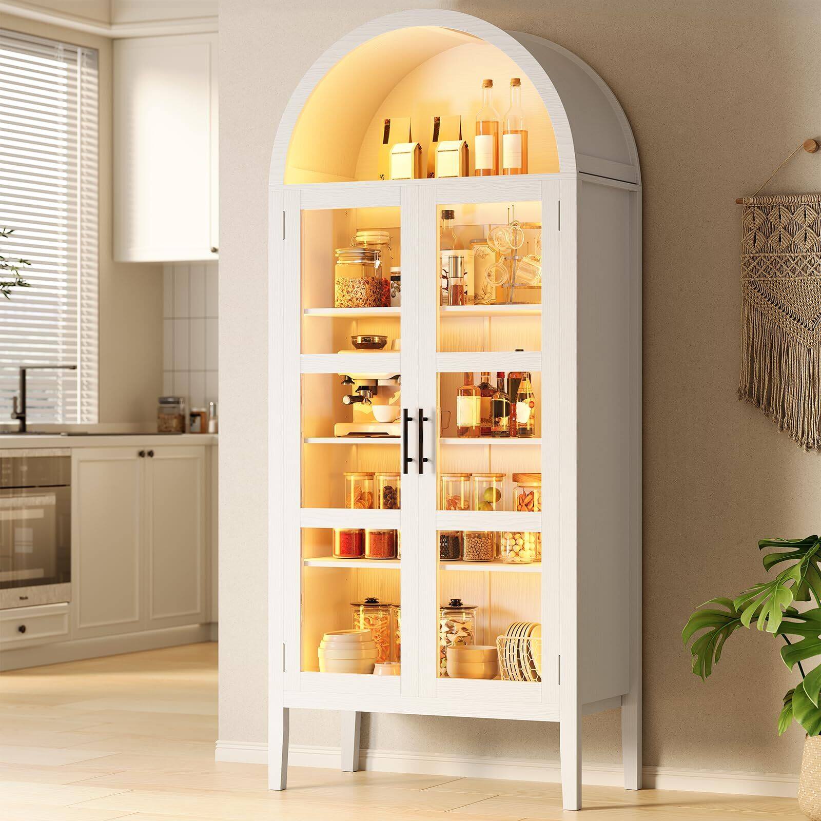 Acekool - 71'' Tall Arched Storage Cabinet with 3 Color Lights, 5-Tier Kitchen Pantry Cabinet with Glass Doors - White