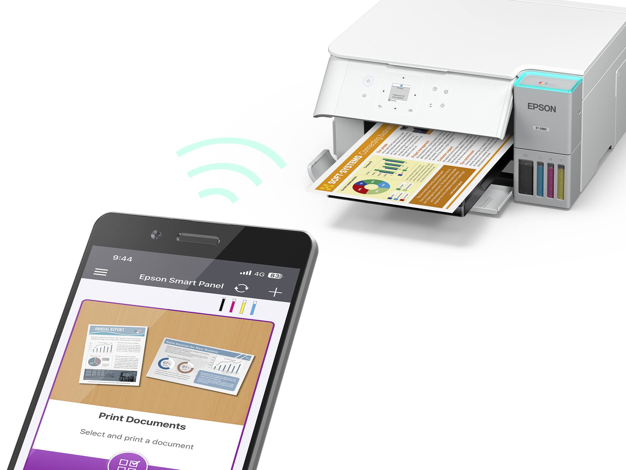 & a a Connecting/busres I ! I SOFT-SYSTEMS j  I I SOFT  e I : EOS I A C SUAL Ty - EPSON i I - . - 7 9:44 Epson Smart Panel 4G 23 ANNUAL ESPORT a BPTR mll DANO Awaa - New .... i 67% 1- Kuu Print Documents Select and print a document