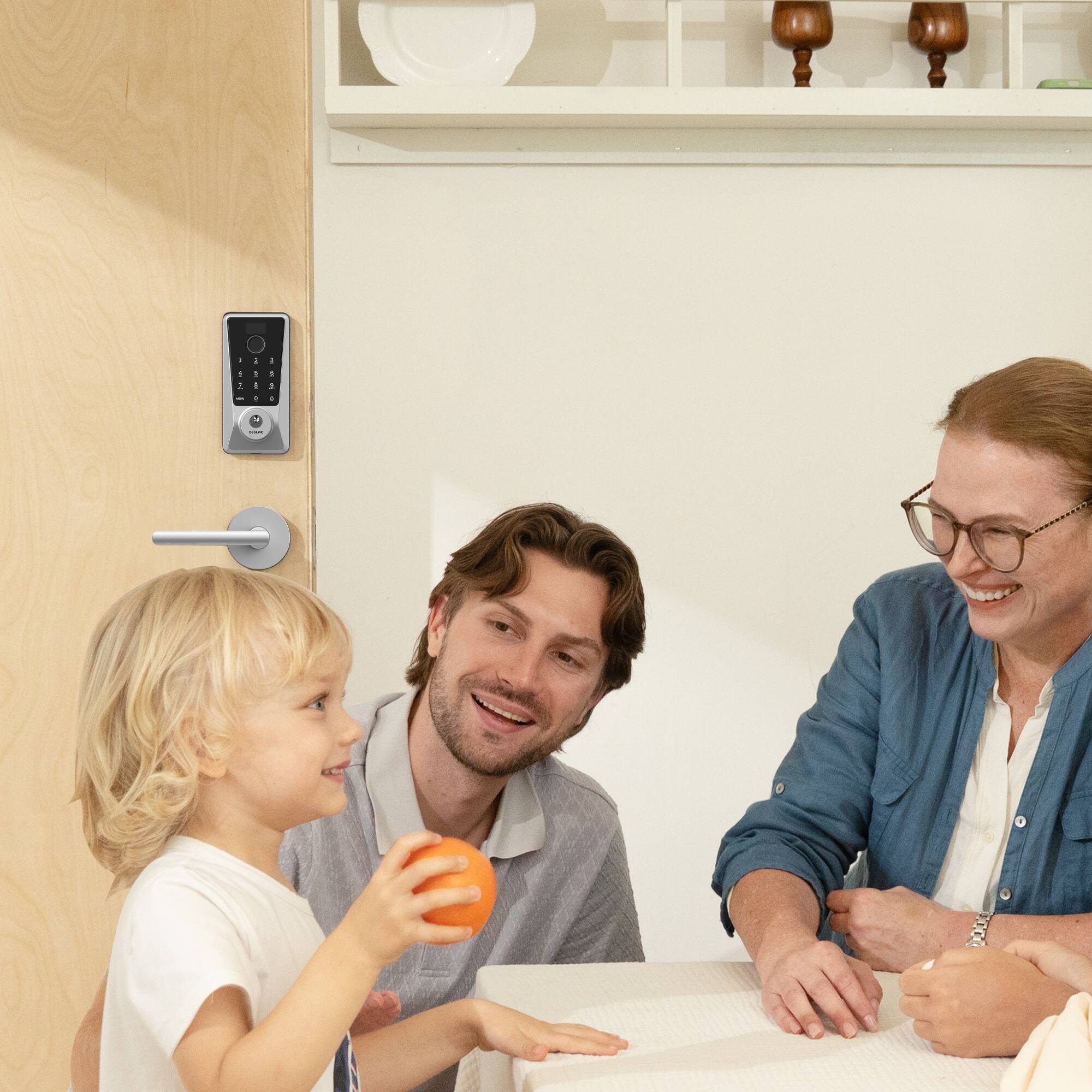 Angle. DESLOC - D110 Plus WiFi Smart Door Lock with Voice Control, Smart Keypad Deadbolt with Fingerprint and Visible Display - Silver.