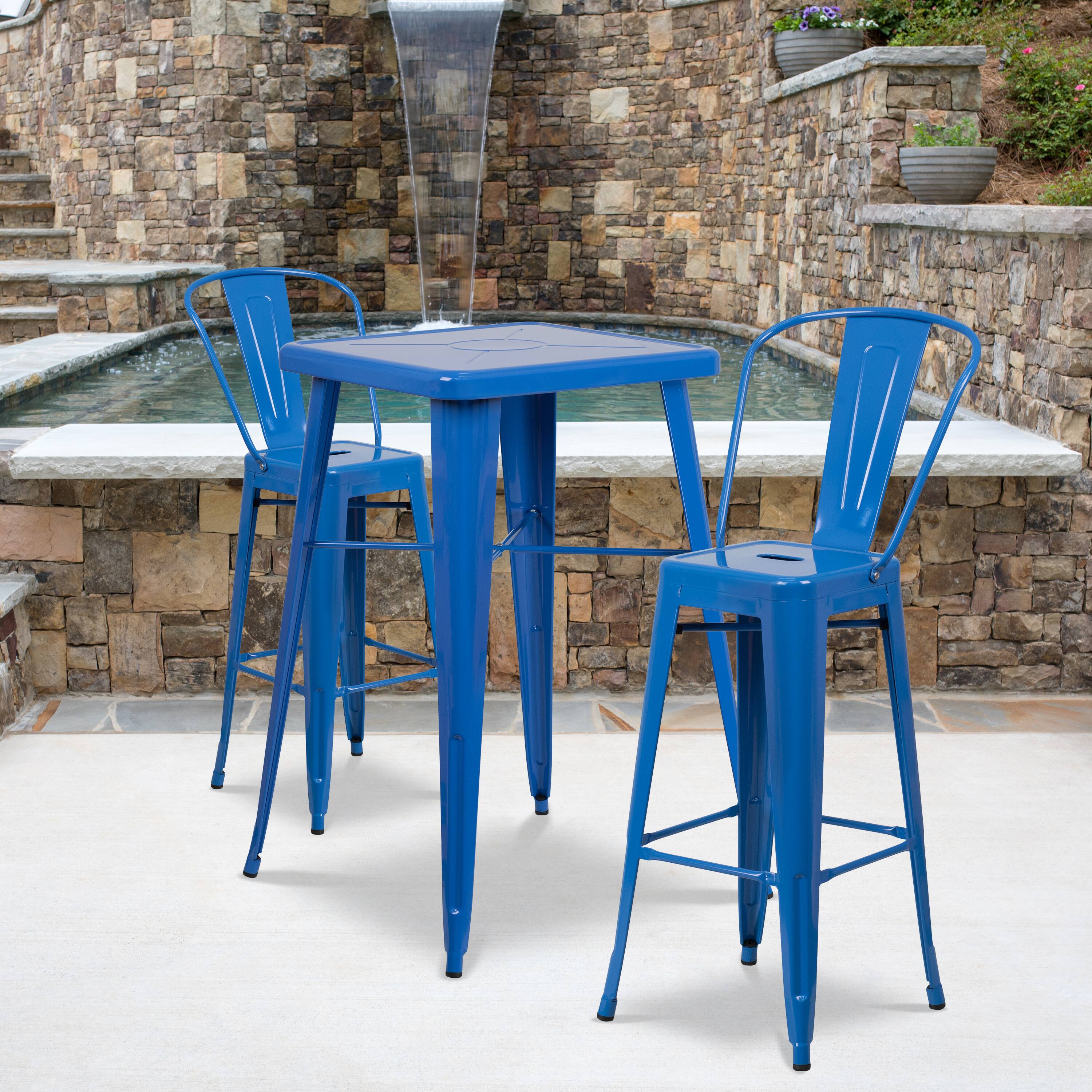Alt View 2. Emma + Oliver - Commercial Grade 4 Pack 30" High Metal Indoor-Outdoor Barstool with Back - Blue.