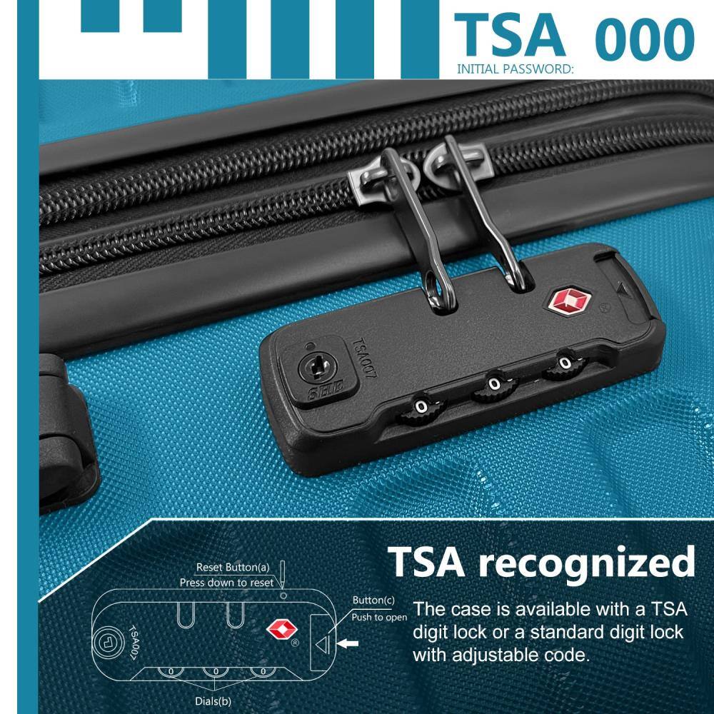 TSA 000  
INITIAL PASSWORD: TSA007  

TSA recognized  
Button(c) Push to open  
The case is available with a TSA digit lock or a standard digit lock with adjustable code.  

Reset Button(a) Press down to reset  
Dials(b)