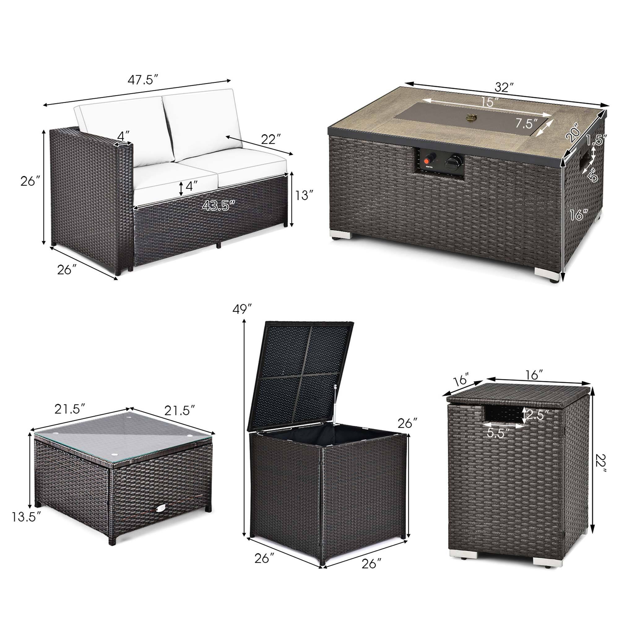 Sure, here is the corrected and grouped text from the image:

**Sofa:**
- Width: 47.5"
- Depth: 26"
- Height: 26"
- Seat Height: 14"
- Seat Depth: 43.5"
- Armrest Height: 4"
- Armrest Width: 22"
- Back Height: 13"

**Fire Pit:**
- Length: 32"
- Width: 15"
- Depth: 7.5"
- Height: 20"
- Side Height: 1.5"
- Side Width: 5"
- Side Depth: 16"

**Coffee Table:**
- Length: 21.5"
- Width: 21.5"
- Height: 13.5"
- Top Thickness: 40"

**Storage Ottoman:**
- Length: 26"
- Width: 26"
- Height: 21.5"
- Lid Height: 5.5"
- Lid Width: 16"
- Lid Depth: 12.5"
- Bottom Width: 22"