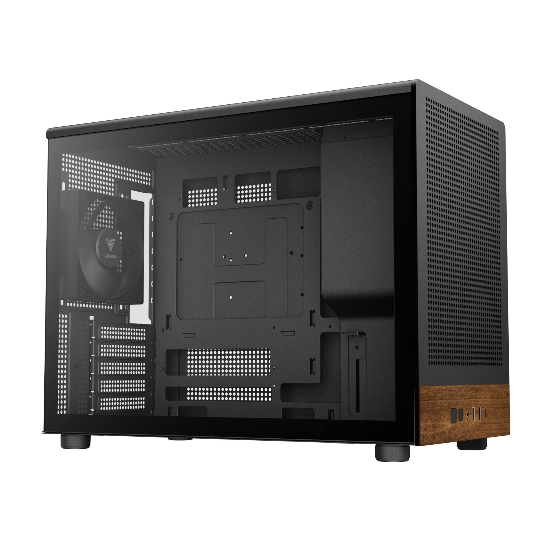 Angle. GAMDIAS - Gamdias ATHENA M4M WOOD mATX PC Case: small form factor, 3 fans, ATX PSU, fits 395mm GPU & 360mm radiators. - Black.