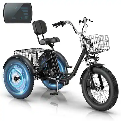Front. U-HOMY - Adult Electric Trike – Peak 750W Motor, 20"x4" Tires, Removable Battery – 70 Mile Range - Black.