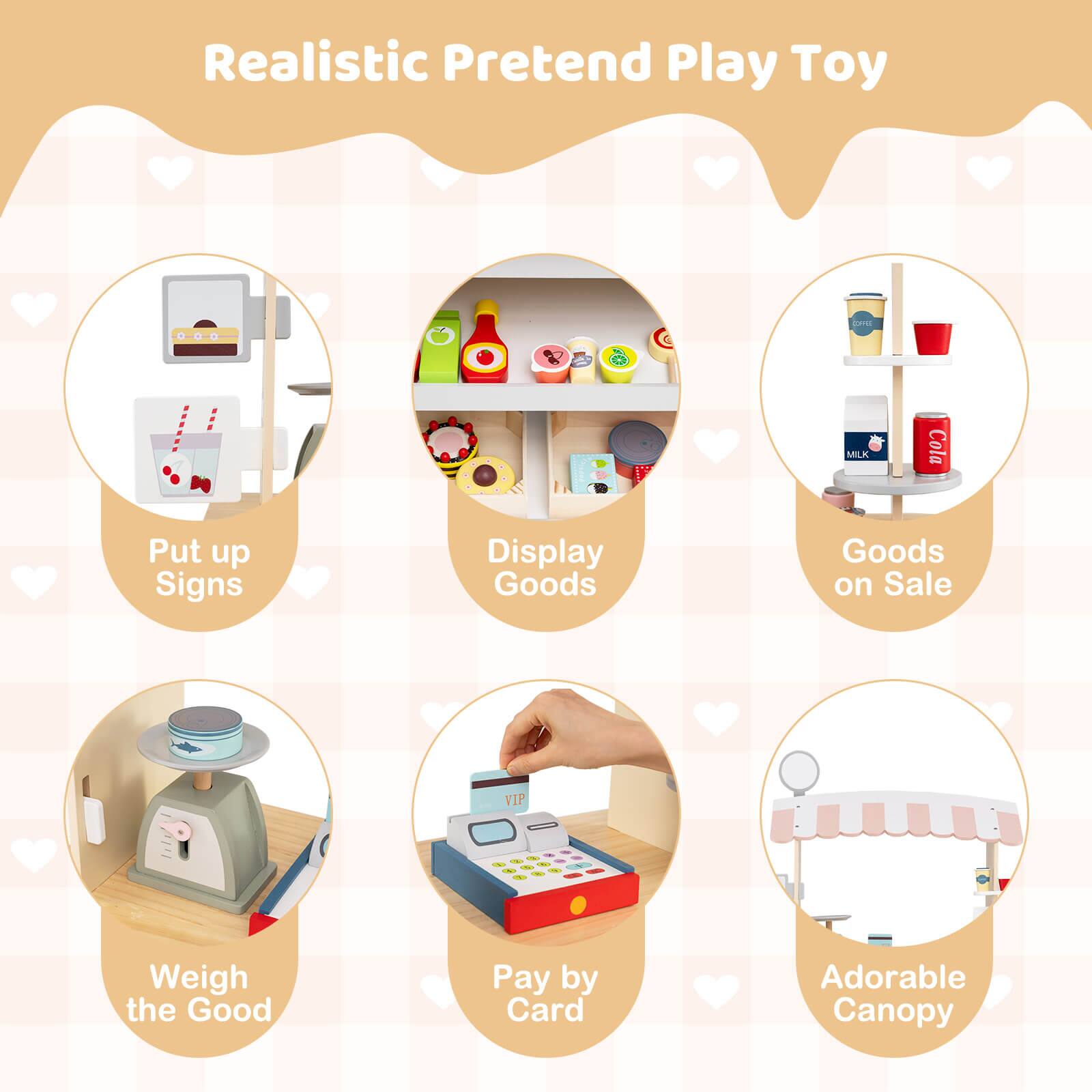 Realistic Pretend Play Toy

- Put up Signs
- Display Goods
- Goods on Sale
- Weigh the Good
- Pay by Card
- Adorable Canopy
