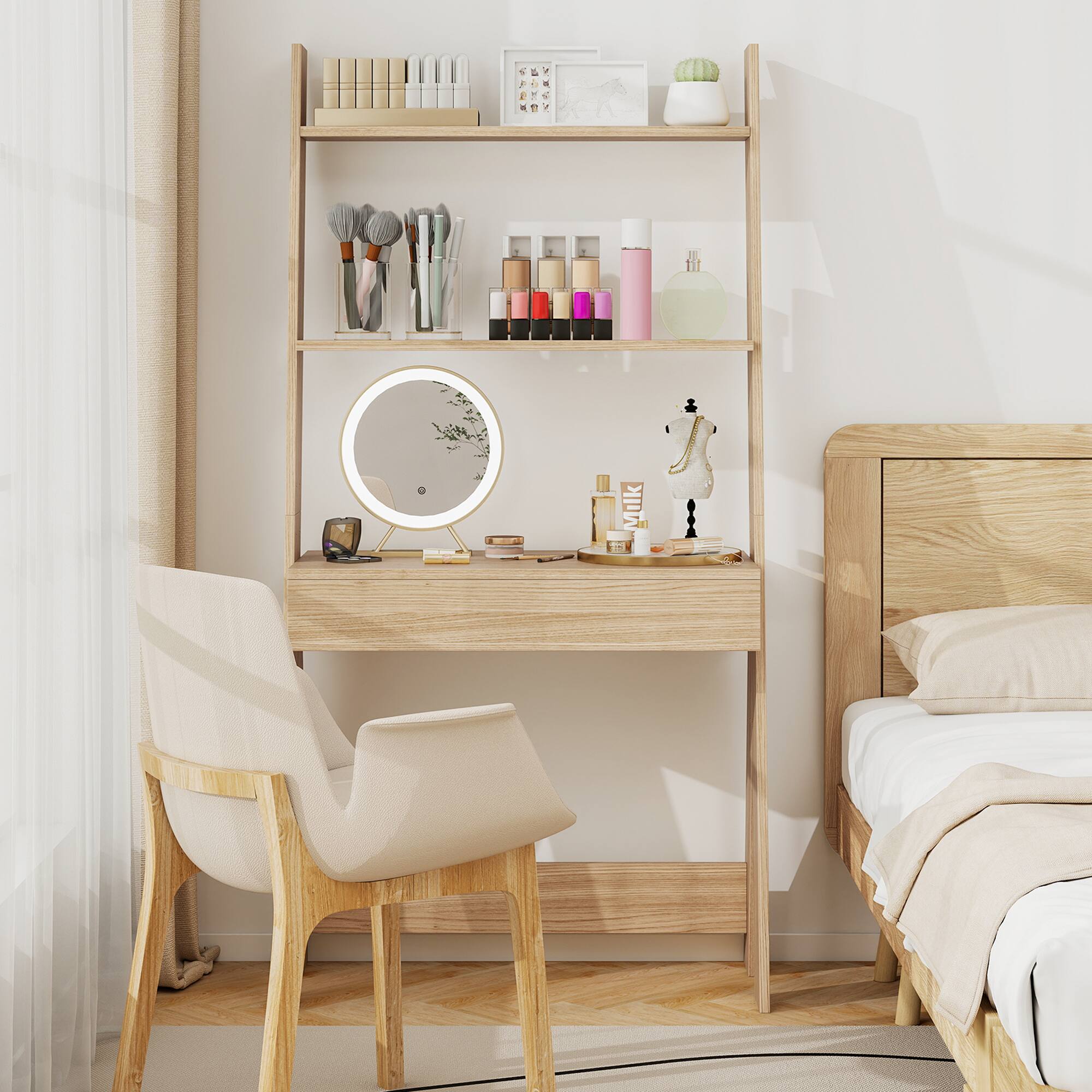 Alt View 7. Costway - Costway Home Office Ladder Desk Wall-Leaning Laptop Workstation with Storage Shelves Natural - Natural.