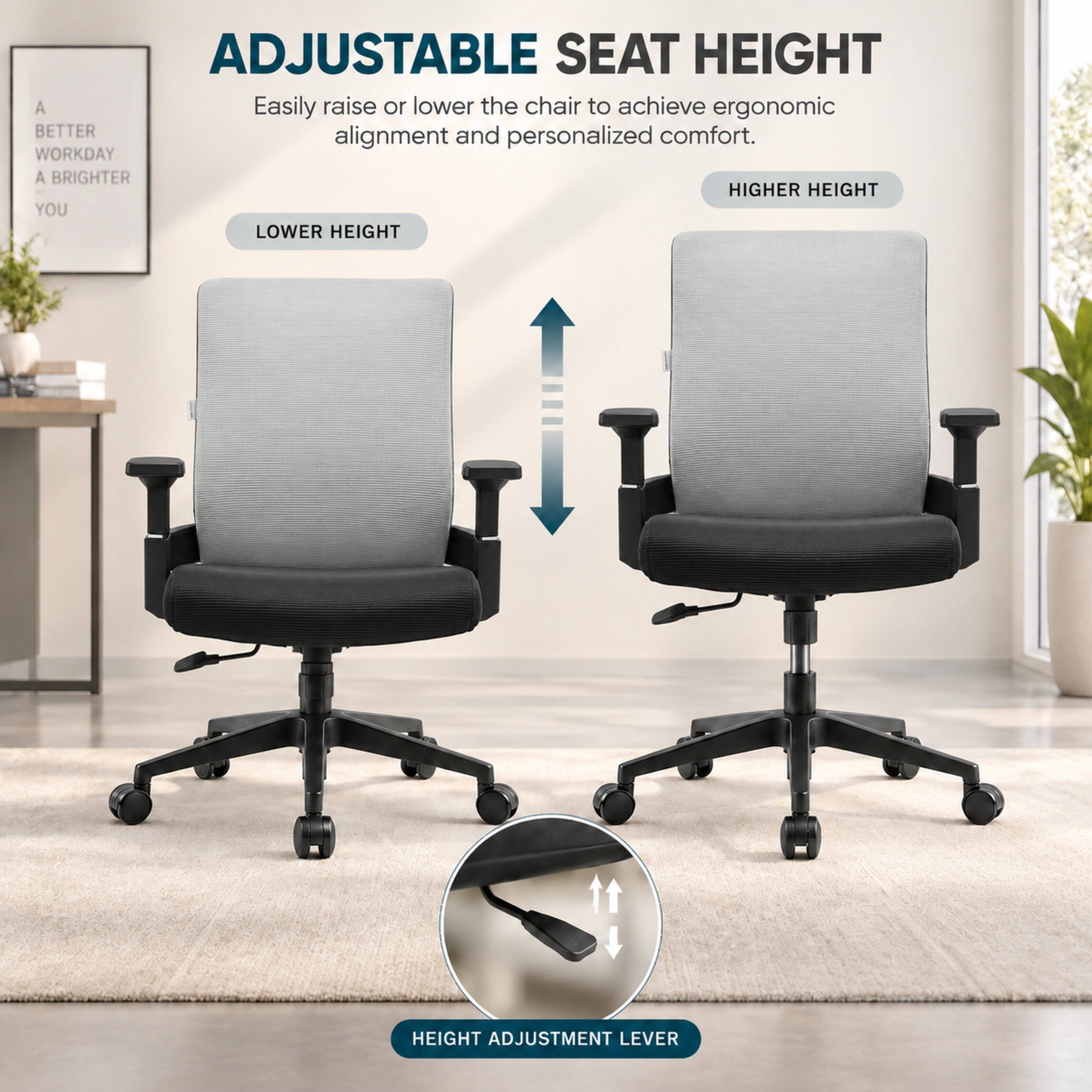 ADJUSTABLE SEAT HEIGHT  
Easily raise or lower the chair to achieve ergonomic alignment and personalized comfort.  

LOWER HEIGHT  
HIGHER HEIGHT  

HEIGHT ADJUSTMENT LEVER