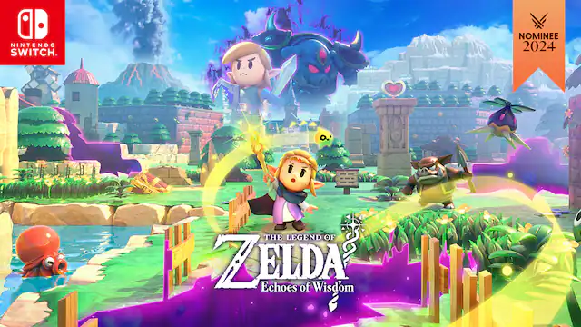 The Legend of Zelda: Echoes of Wisdom is a video game that was nominated for an award in 2024. It is available on the Nintendo Switch gaming console. - E10+ (Everyone 10+)