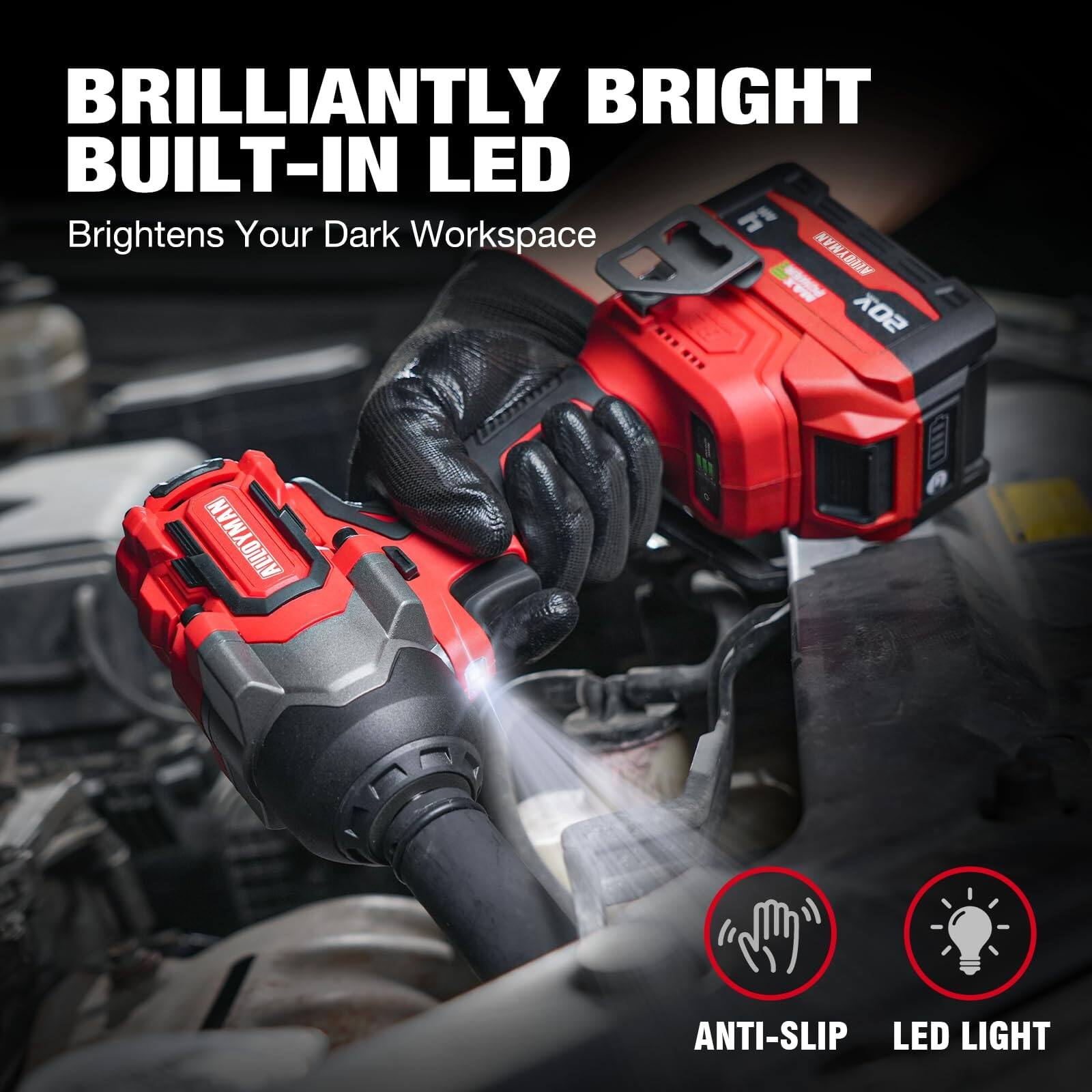 BRILLIANTLY BRIGHT BUILT-IN LED  
Brightens Your Dark Workspace  

ANTI-SLIP  
LED LIGHT