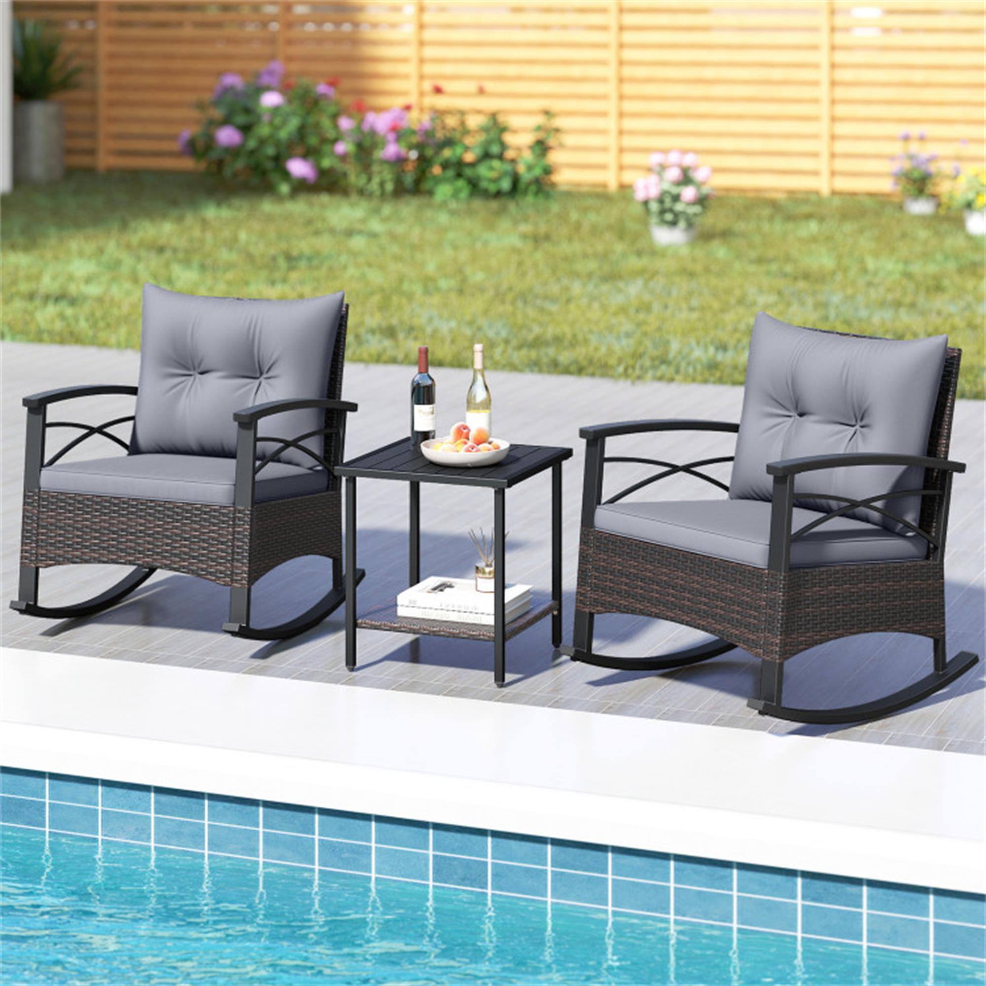 Alt View 2. Boyel Living - Gray 3 Piece Rocking Bistro Set PE Rattan Rocker Chairs with Acacia Wood Top Table- 290-in W x 310-in D x 255-in H - Gray.