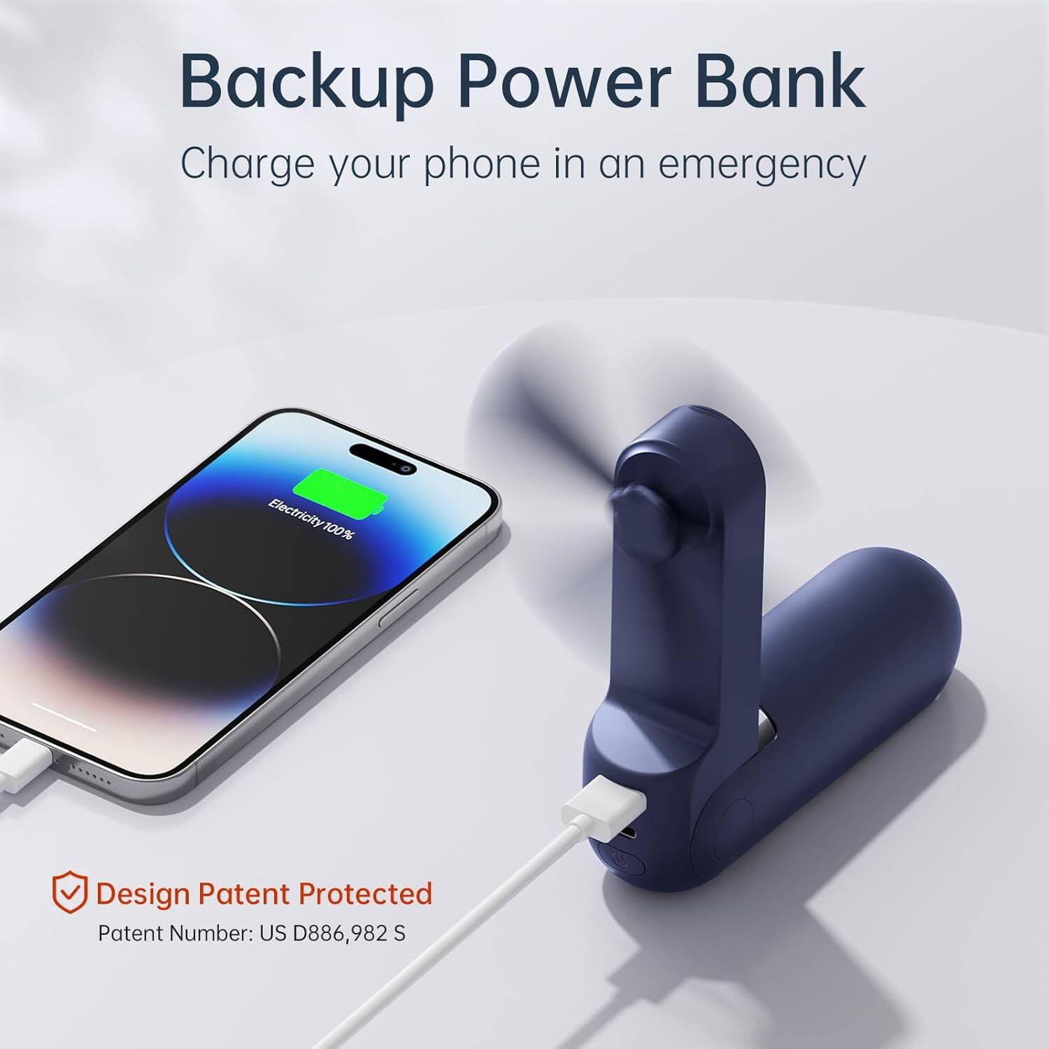 Backup Power Bank  
Charge your phone in an emergency  

Design Patent Protected  
Patent Number: US D886,982 S