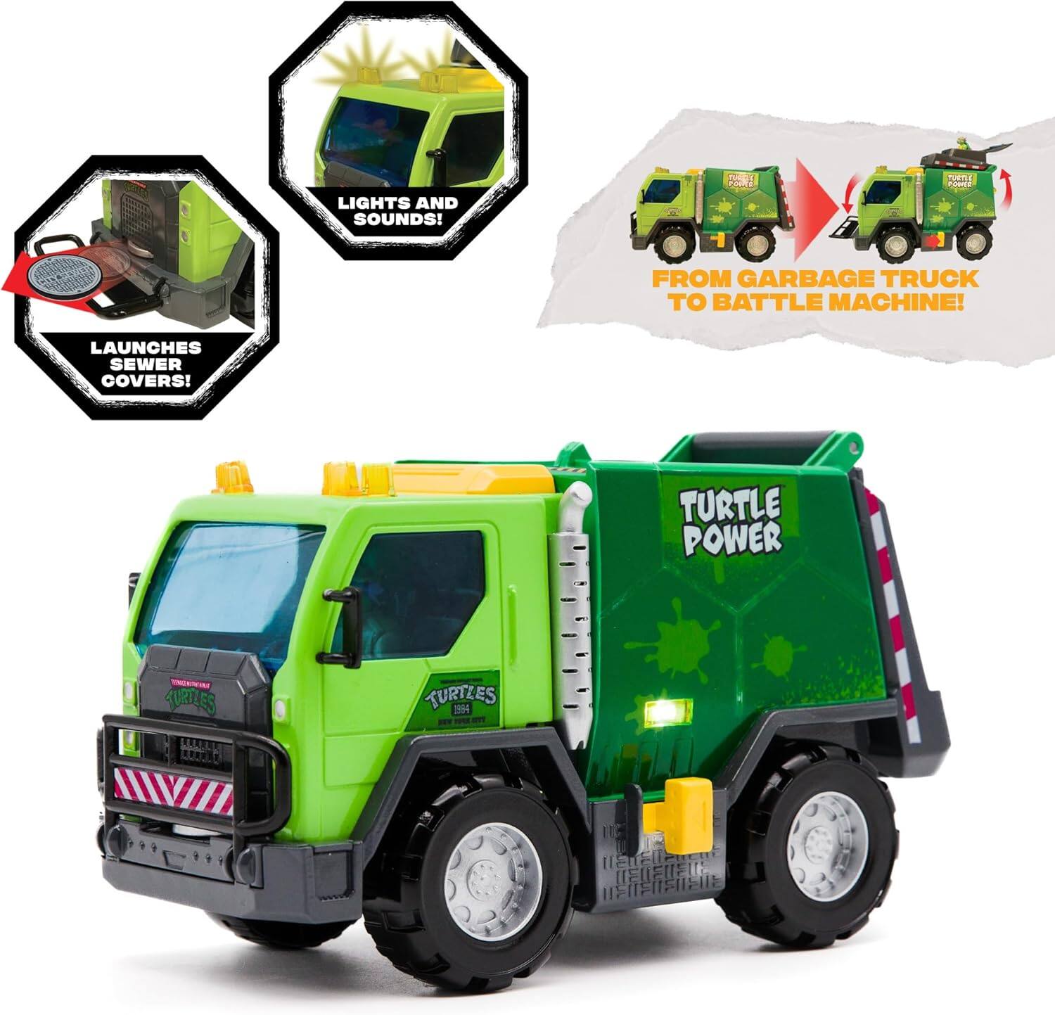 LIGHTS AND SOUNDS!  
LAUNCHES SEWER COVERS!  
FROM GARBAGE TRUCK TO BATTLE MACHINE!  
TURTLE POWER  
TURTLES 1994