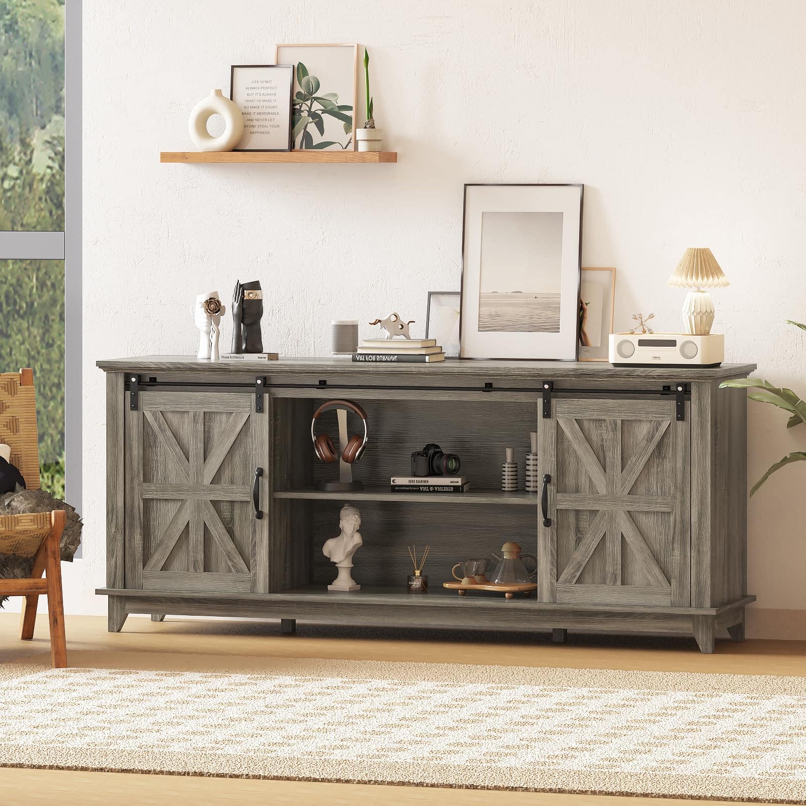 Acekool - Farmhouse TV Stand for 75" Television, Wood Entertainment Center with Storage & Barn Doors - Gray