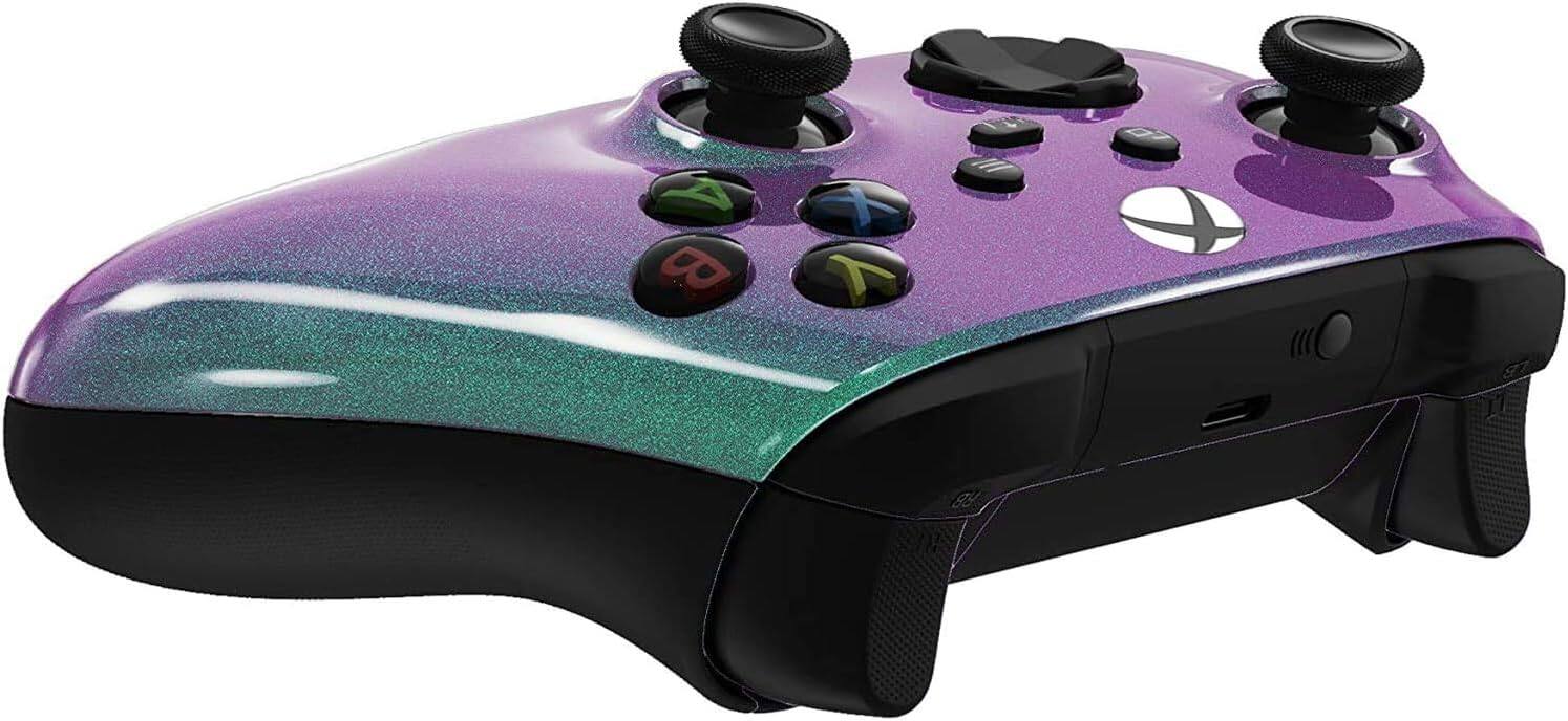 Back. Custom Controllerzz - Custom Wireless Controller for Xbox Series X|S, Xbox One, & PC - Green & Purple Chameleon.