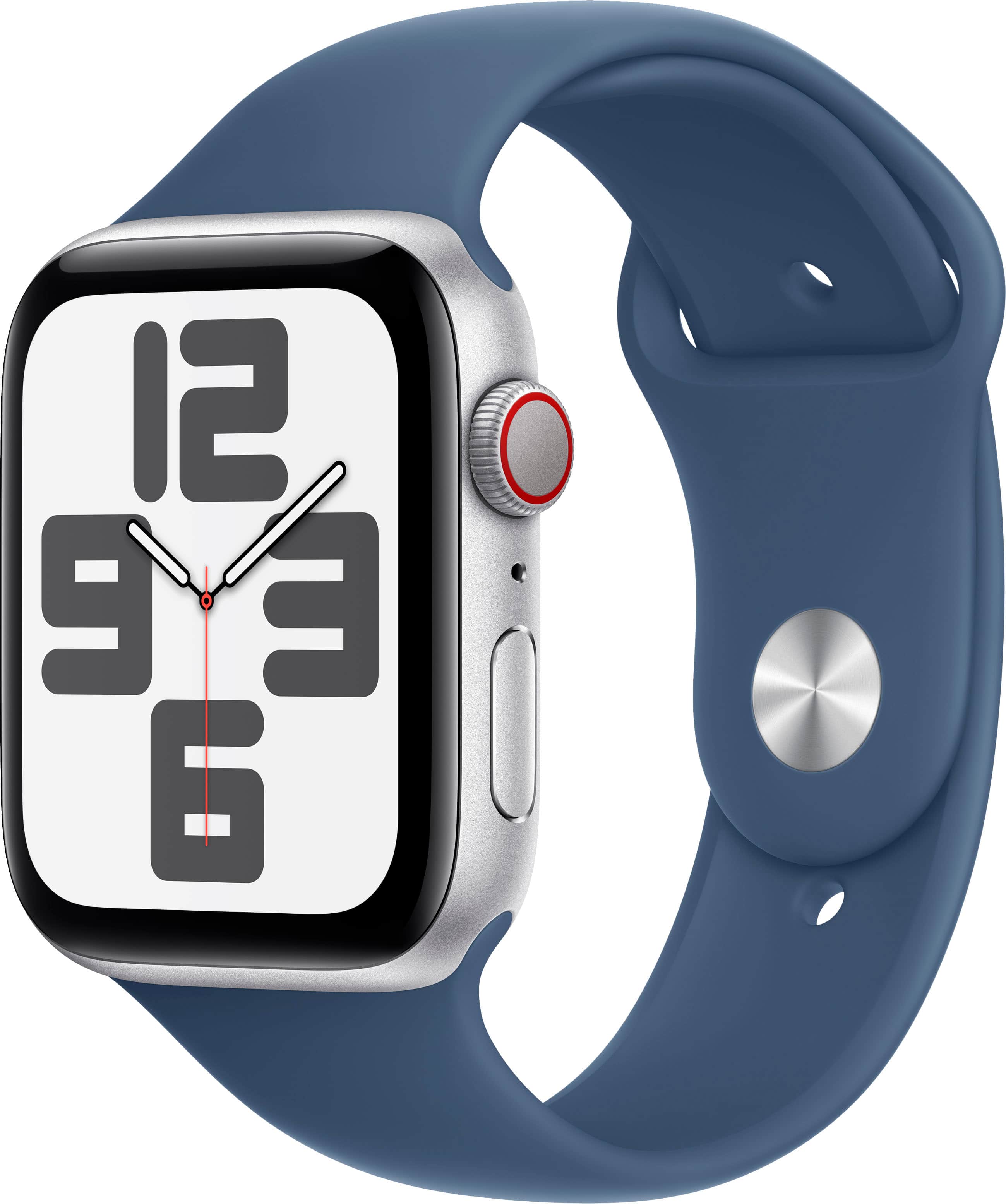 Angle. Apple - Apple Watch SE 2nd Generation (GPS+Cellular) 44mm Aluminum Case with Denim Sport Band - M/L - Silver.