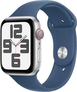 Refurbished Excellent - Apple Watch SE 2nd Generation (GPS+Cellular) 44mm Aluminum Case with Denim Sport Band - M/L - Silver - (2024)