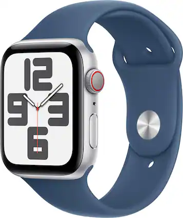 Angle. Apple - Apple Watch SE 2nd Generation (GPS+Cellular) 44mm Aluminum Case with Denim Sport Band - M/L - Silver.