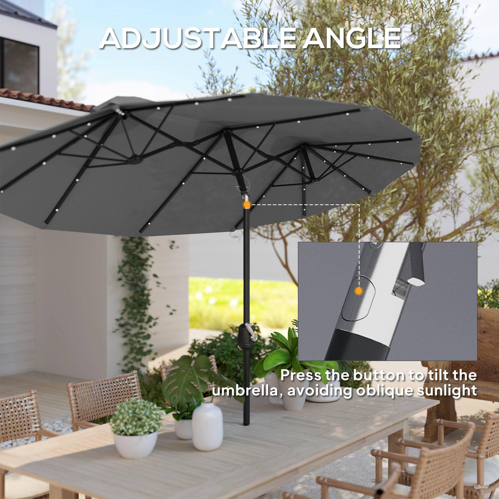 ADJUSTABLE ANGLE
Press the button to tilt the umbrella, avoiding oblique sunlight