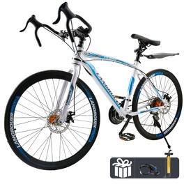 Topteng - 26 Inch Road Bike For Adult-27 Speed,Double Disc Brakes,High Carbon Steel Frame,Racing Bicycle For Men/Women - White&Blue