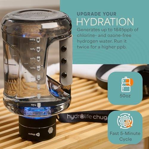 UPGRADE YOUR HYDRATION  
Generates up to 1845ppb of chlorine- and ozone-free hydrogen water. Run it twice for a higher ppb.  

50oz  
Fast 5-Minute Cycle