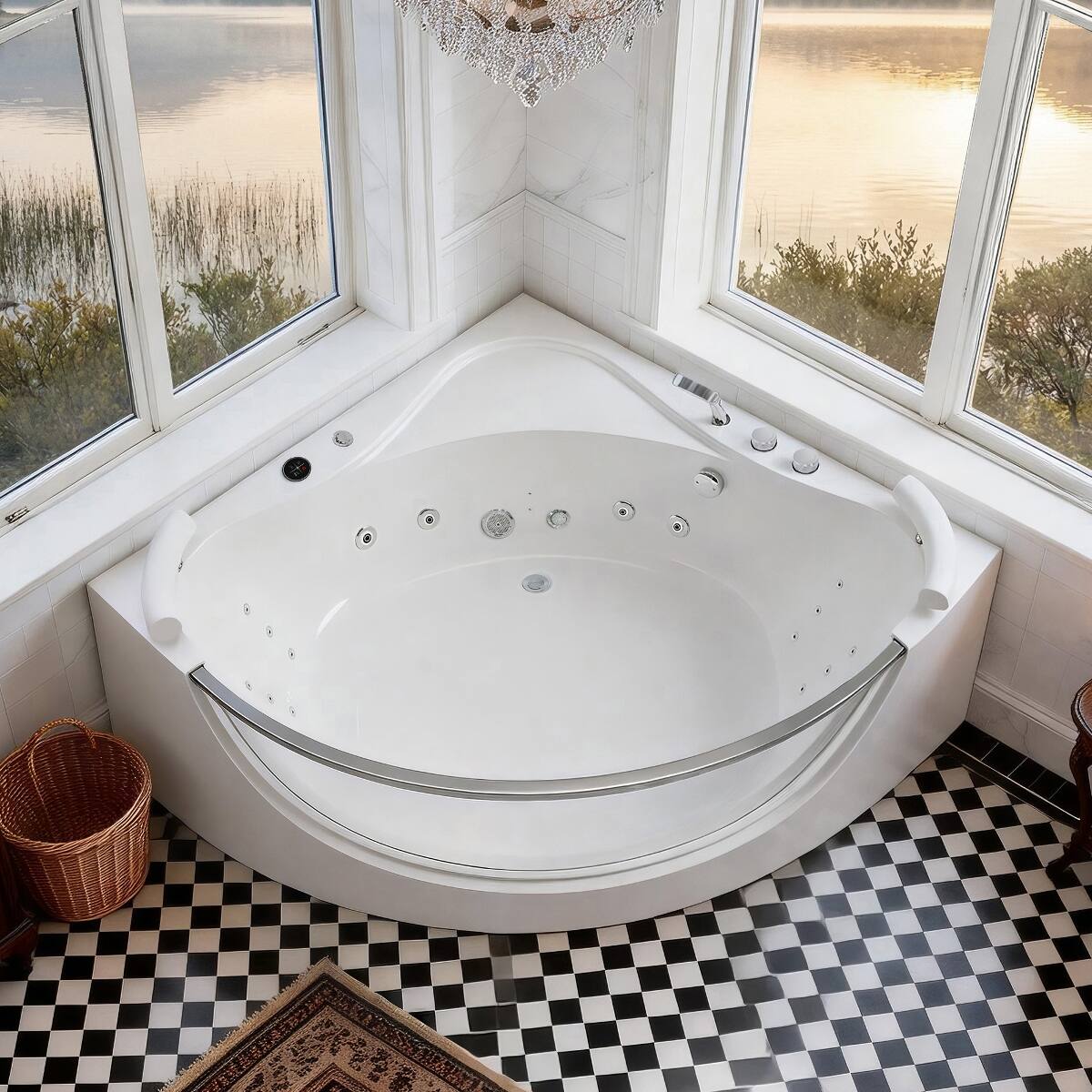 Angle. Loheer - Loheer Acrylic Corner Whirlpool Bathtub for Two with Heater, 59 in Jetted Soaking Tub with Center Drain - Milk White.
