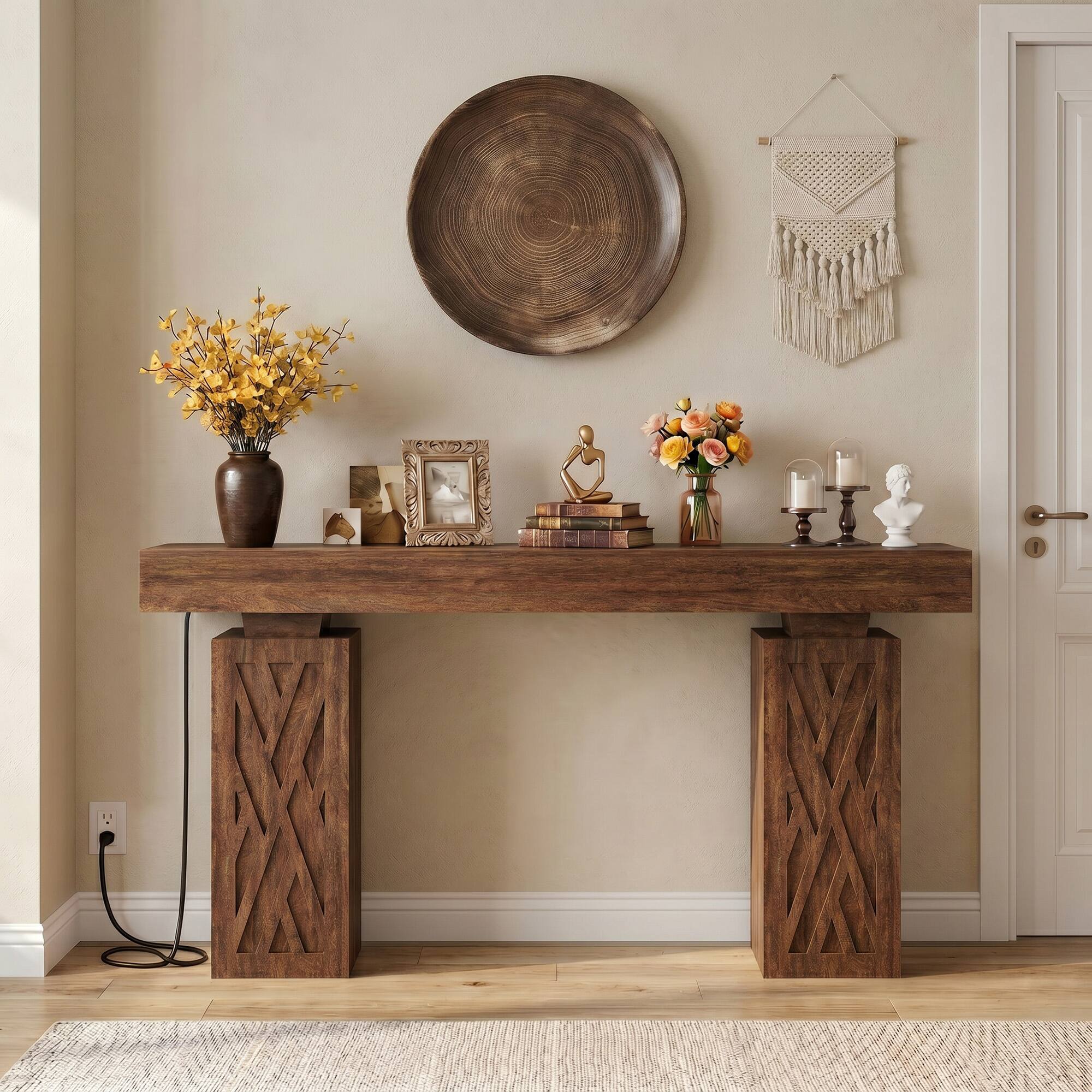 Left. Aheaplus - 63'' Farmhouse Console Table with Charging Station and LED Lights - Cracked Oak.