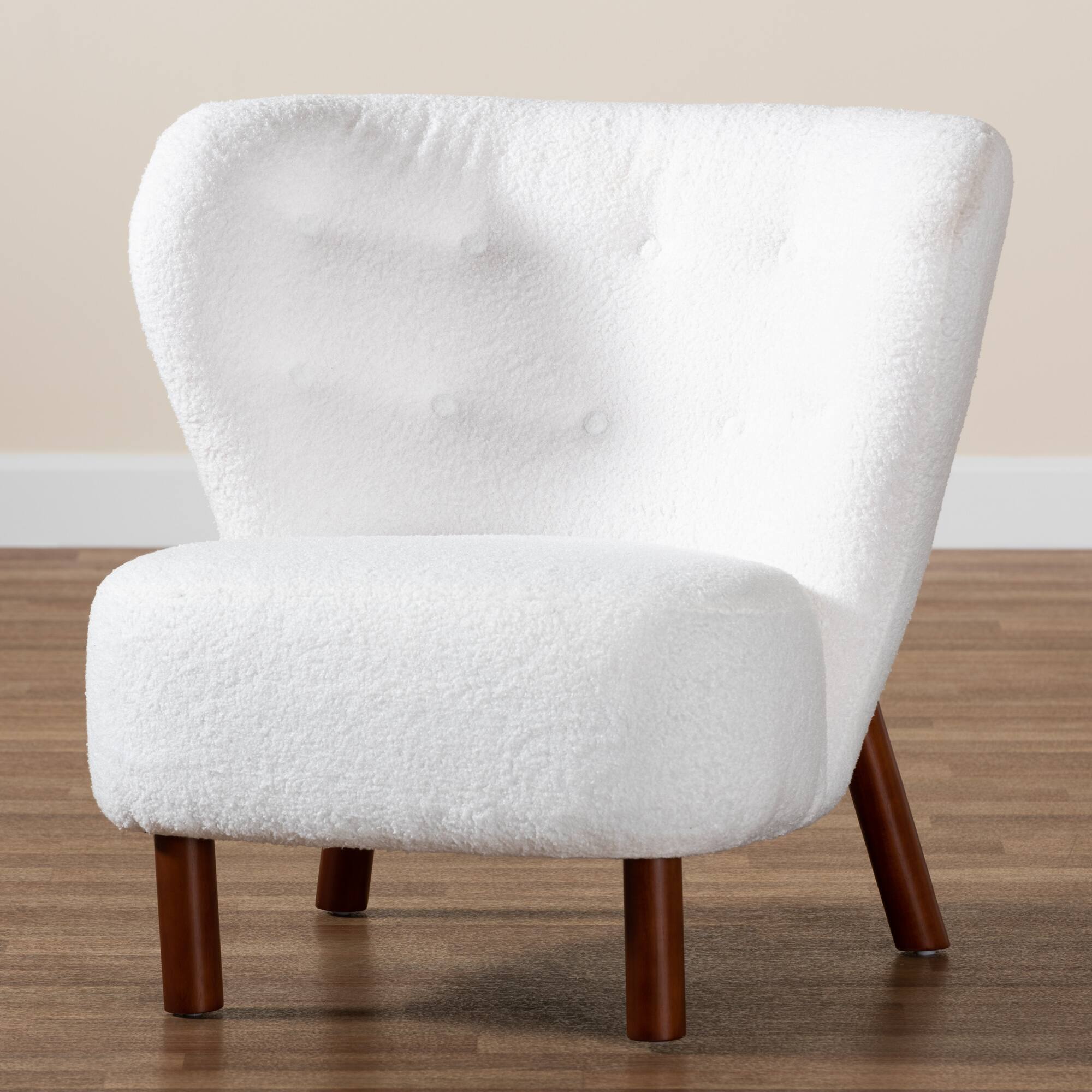Alt View 5. Baxton Studio - Cabrera Modern and Contemporary Boucle Upholstered and Walnut Finished Wood Accent Chair - White/Walnut Brown.