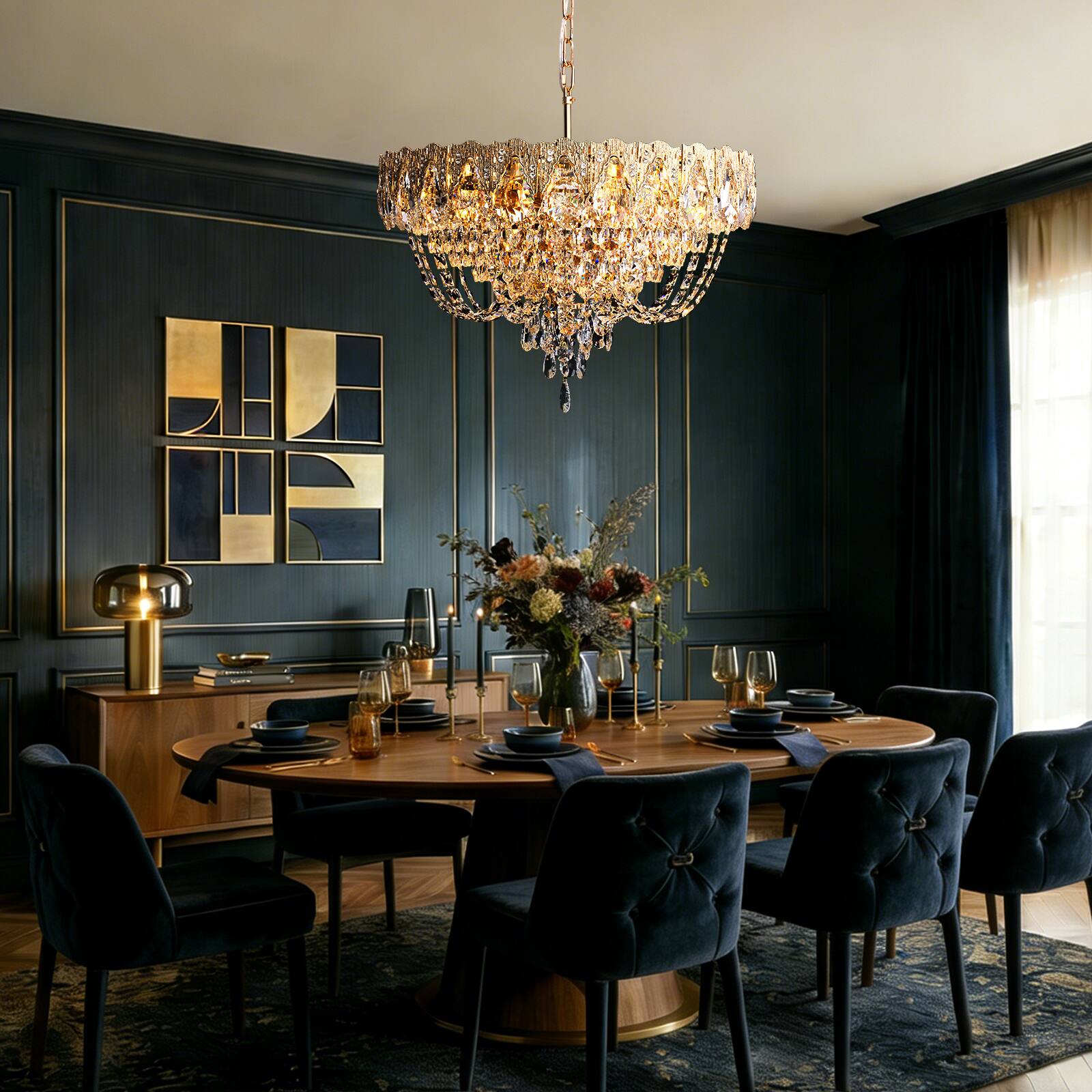Left. Siljoy - 23.6-in Modern Glam Brass Round K9 Crystal 12-Light E12 Dimmable Adjustable Pendant for Dining Living Foyer - Brass.
