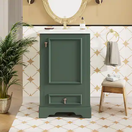 Front. Boyel Living - 20 Inch Green Bathroom Vanity with Ceramic Sink, Adjustable Shelf, Compartment Drawer, Door Storage Rack - Green.
