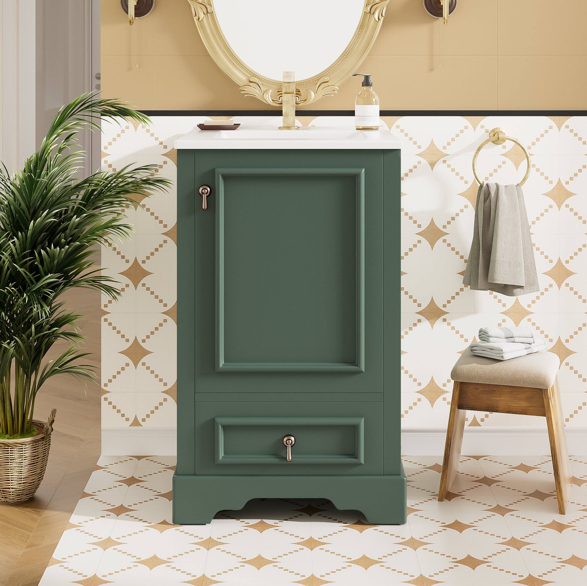 Front. Boyel Living - 20 Inch Green Bathroom Vanity with Ceramic Sink, Adjustable Shelf, Compartment Drawer, Door Storage Rack - Green.