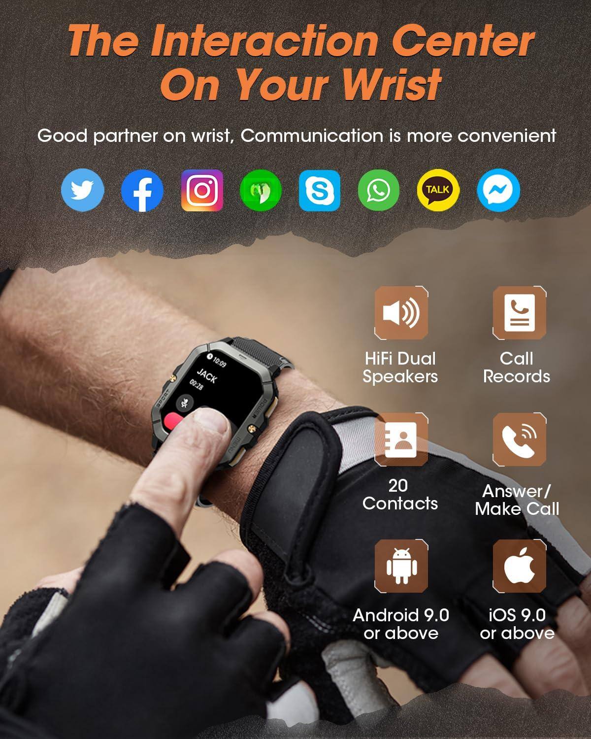The Interaction Center On Your Wrist

Good partner on wrist, Communication is more convenient

- HiFi Dual Speakers
- Call Records
- 20 Contacts
- Answer/ Make Call
- Android 9.0 or above
- iOS 9.0 or above