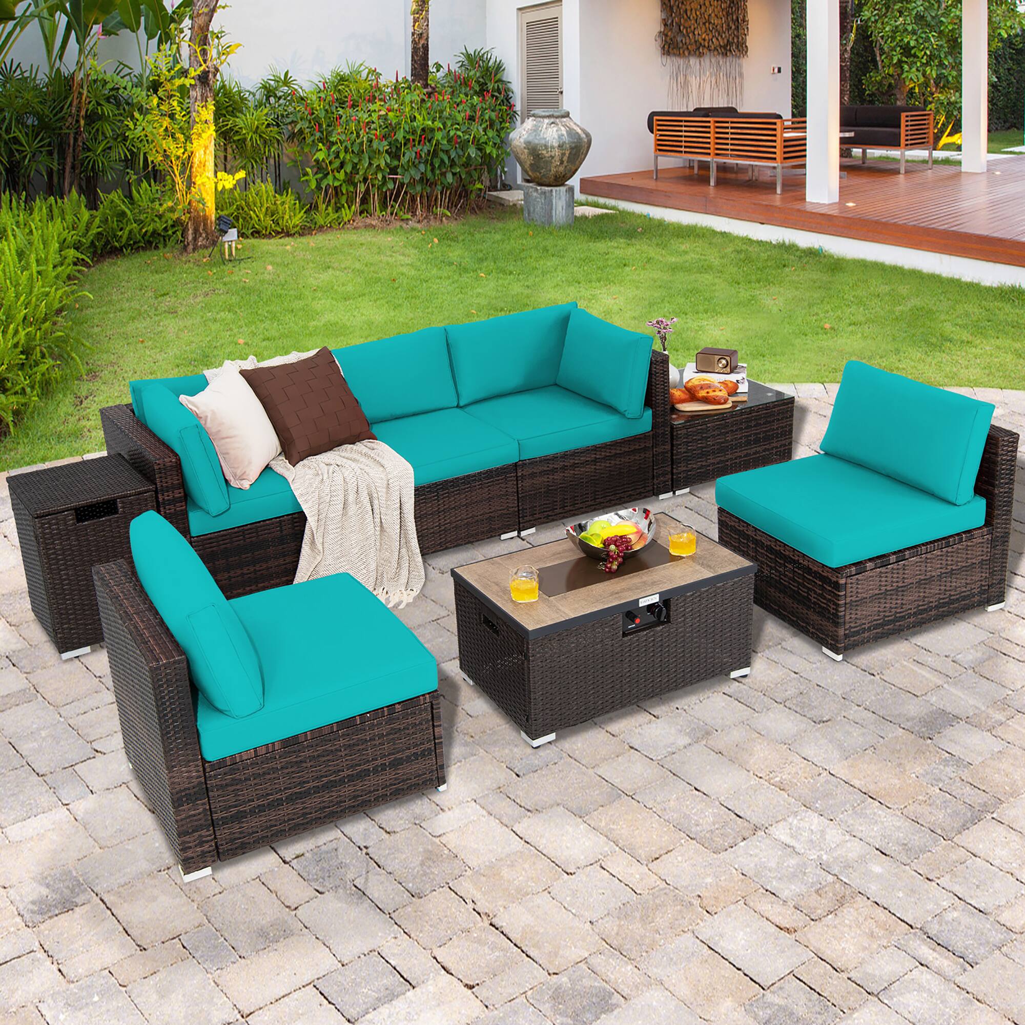 Alt View 2. Costway - Costway 8PCS Patio Rattan Furniture Set Fire Pit Table Tank Holder Cover Deck - Mix Brown,Turquoise.