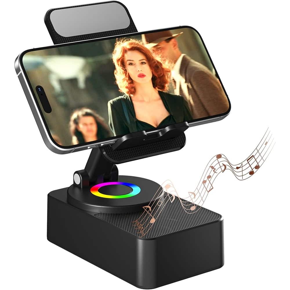 ACJPR - Cell Phone Stand with Wireless Bluetooth Speaker, LED, HD Surround Sound, Anti-Slip Base for Home/Outdoor