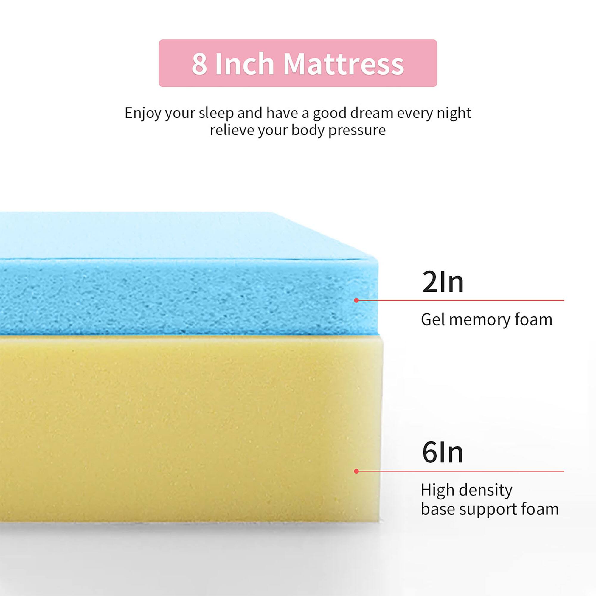8 Inch Mattress

Enjoy your sleep and have a good dream every night, relieve your body pressure

2In Gel memory foam

6In High density base support foam