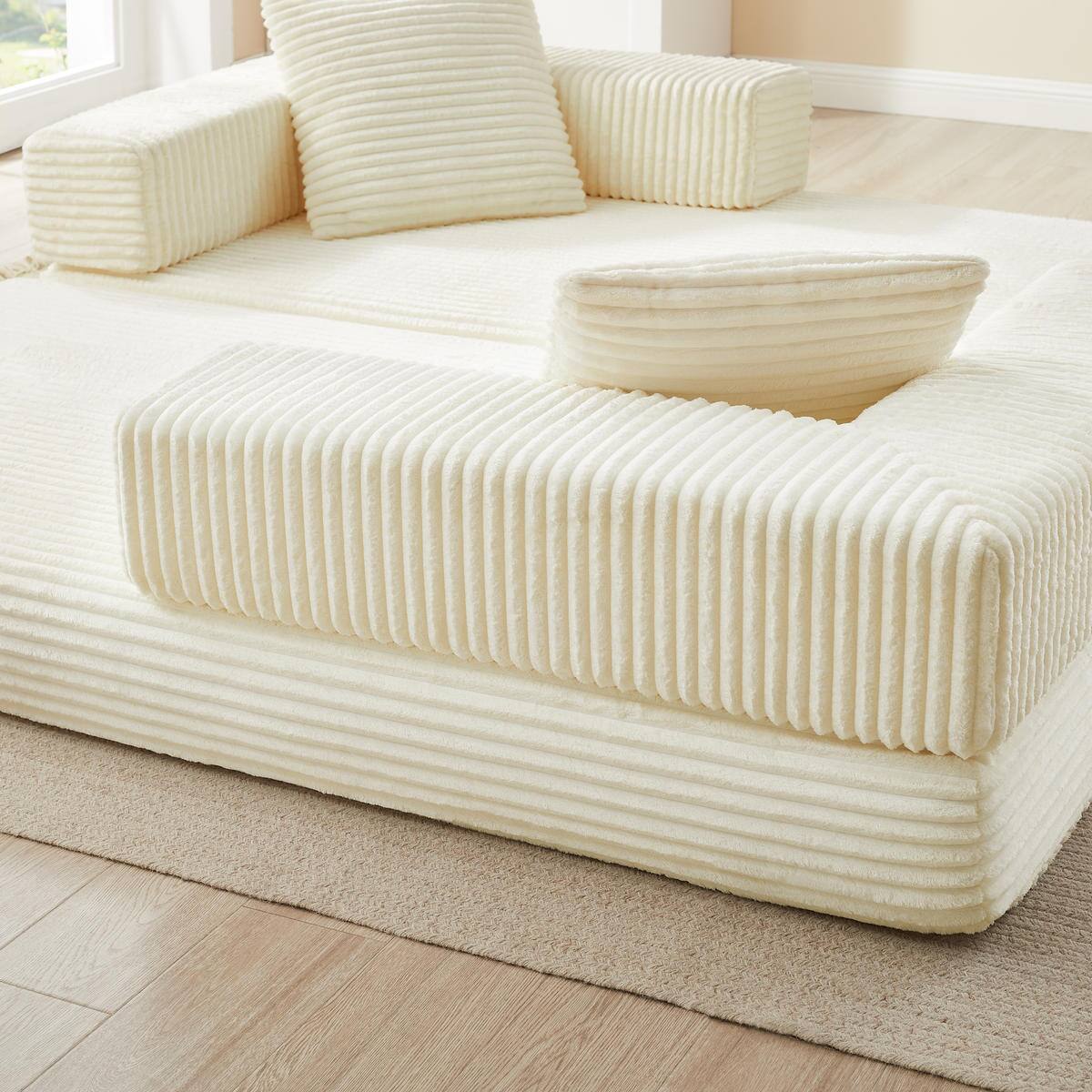 Alt View 9. Meqiodas - 81''Convertible Sofa Bed, Folding Floor Couch with Square Armrest, Comfy Sleeper Mattress for Living Room - Beige.