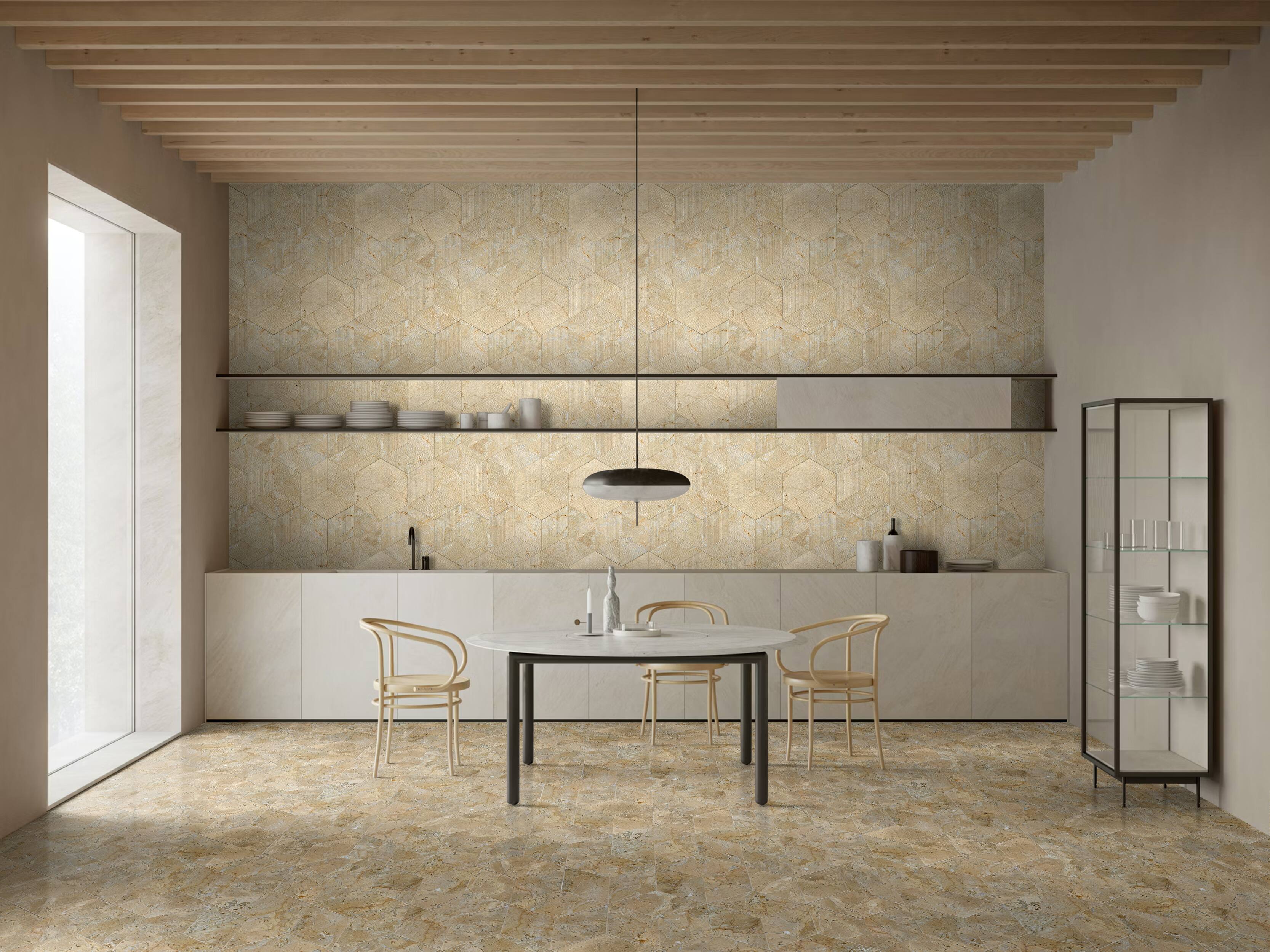 Alt View 5. APRILSOUL - Hexagon Gold Yellow Beige Natural Marble Tiles Polished - White.