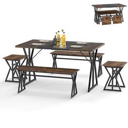 Gymax - 5-Piece Dining Room Set w/ 2 Benches & 2 Stools Metal Frame for Small Room - Brown