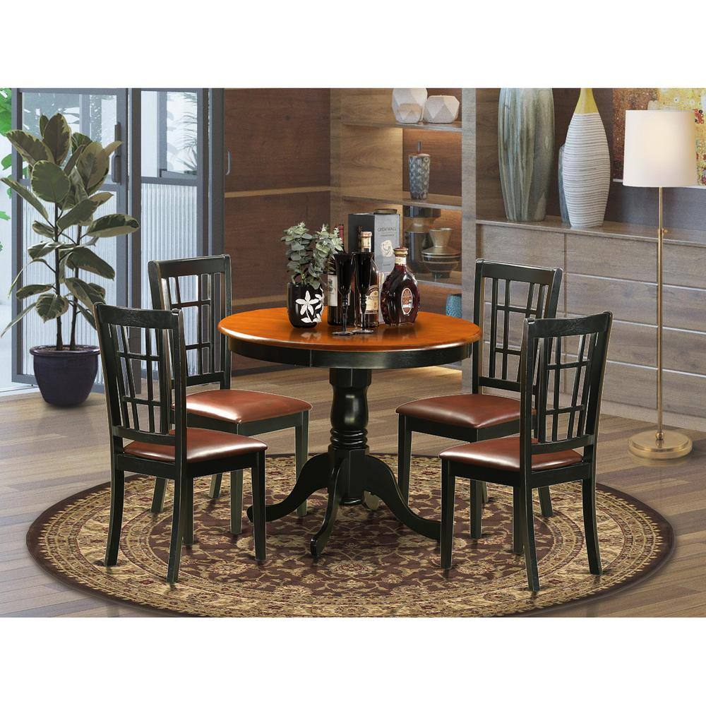 Left. East West Furniture - 5 Pc Dining Table with 4 Leather Chairs in Black and Cherry - Black & Cherry.