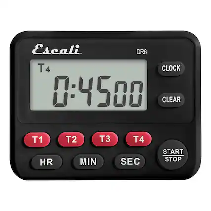 Escali DR6 T4 CLOCK 0:4500 CLEAR T1 HR T2 T3 MIN T4 SEC START STOP