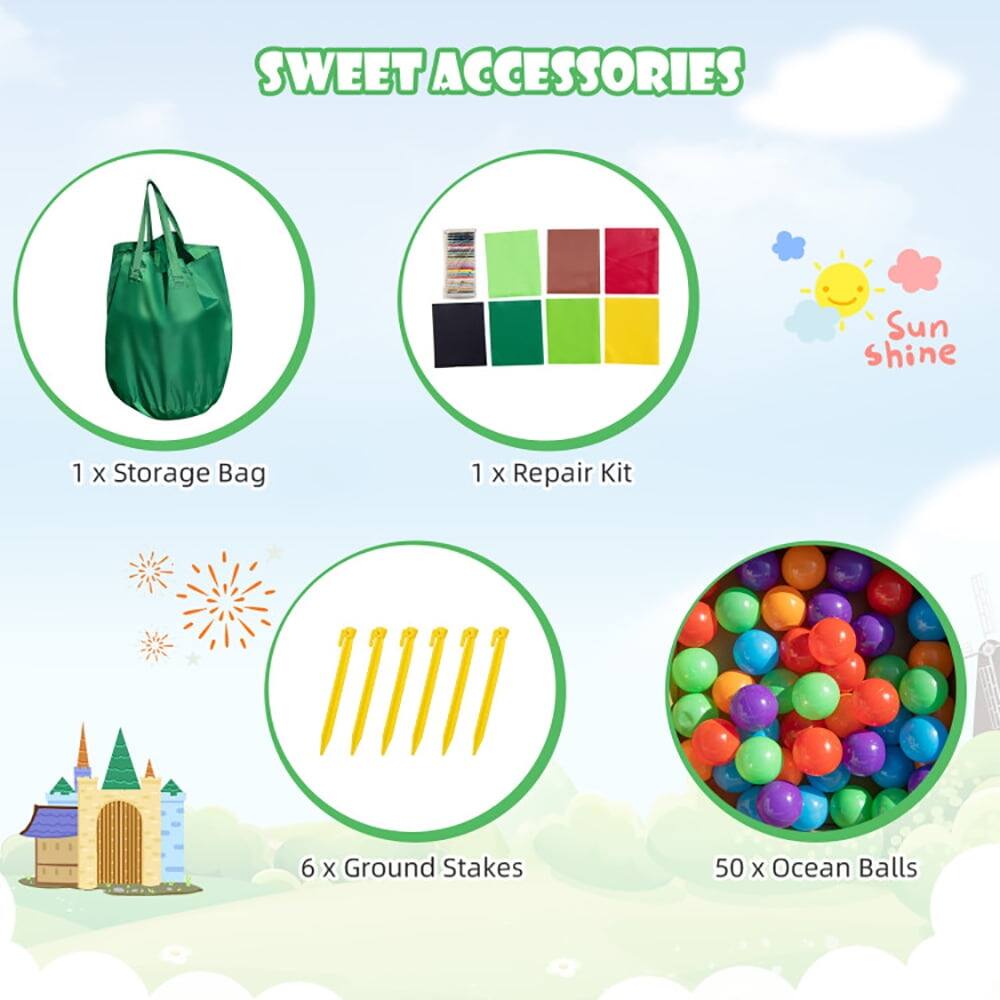 SWEET ACCESSORIES  
Sun shine  
1 x Storage Bag  
1 x Repair Kit  
6 x Ground Stakes  
50 x Ocean Balls