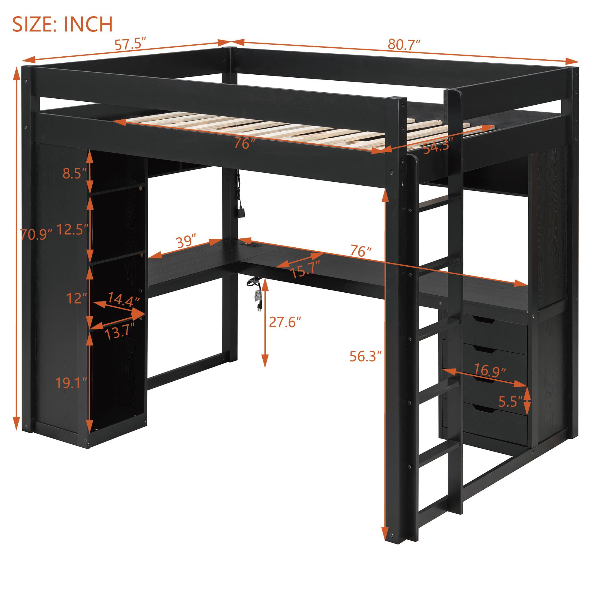 SIZE: INCH  
57.5" 80.7" 8.5" 76" 54.3" 70.9" 12.5" 12" 14.4" 13.7" 19.1" 39" 15.7" 27.6" 76" 56.3" 16.9" 5.5"