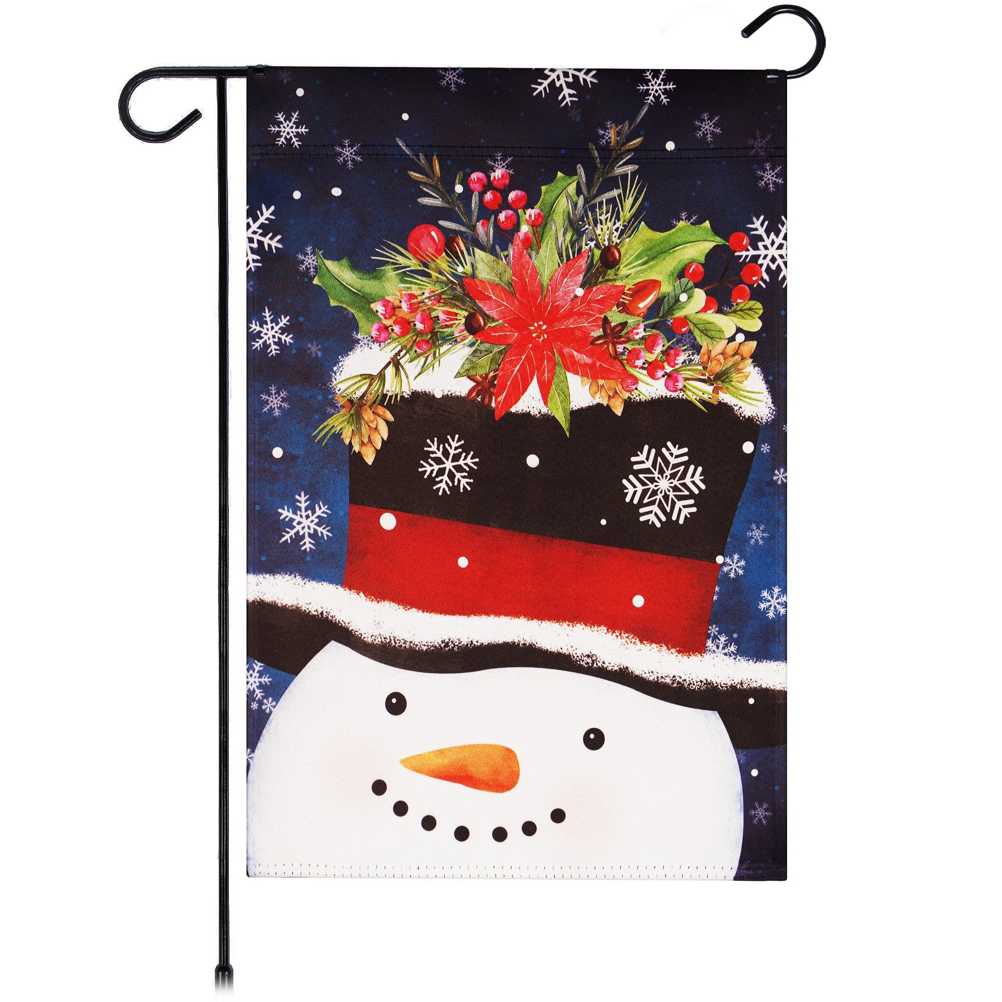 G128 - Garden Flag Snowman with Festive Evergreen Top Hat — 12 x 18 in Printed Blockout Polyester Christmas Decoration - Assorted Colors