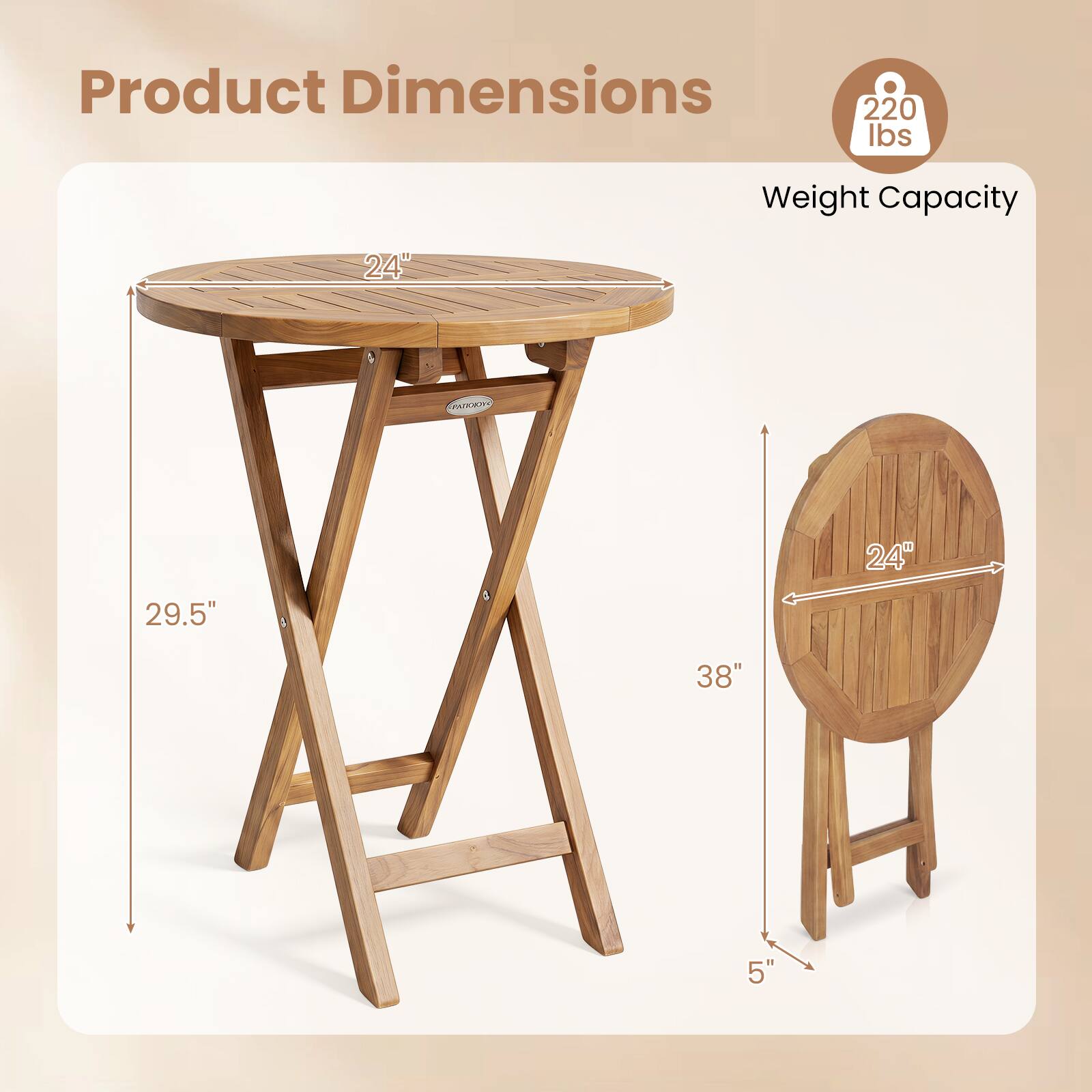 Product Dimensions: 220 lbs Weight Capacity  
24" AROIN  
29.5" 24" 38" 5"